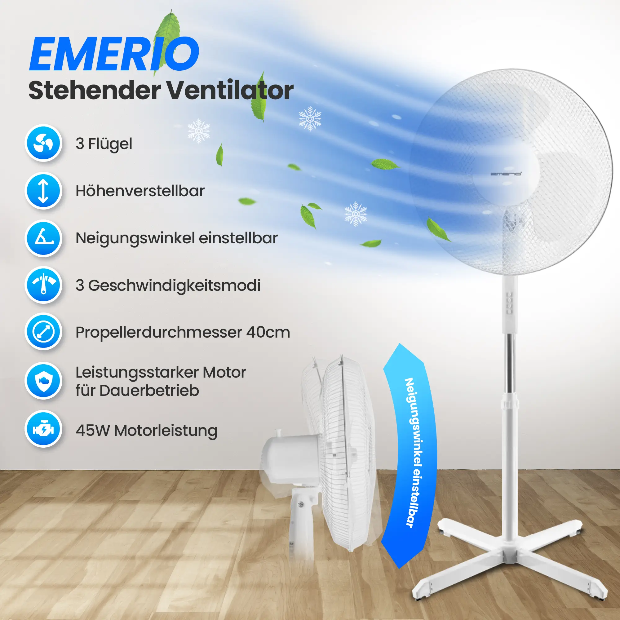 EMERIO FN-114204 STANDVENTILATOR 40CM, 3 FLÜGEL, 3 GESCHWINDIGKEITSSTUFEN, WEISS