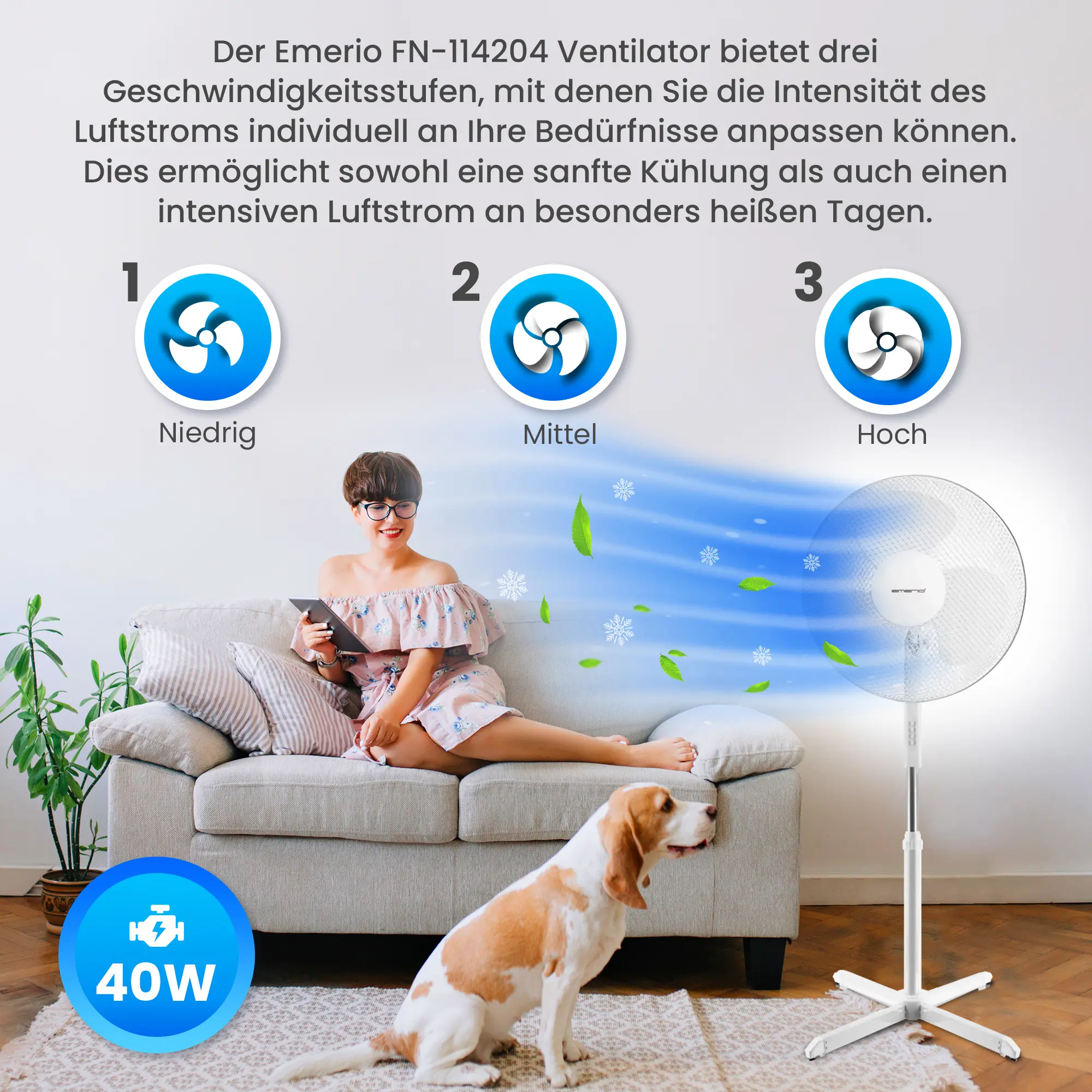 EMERIO FN-114204 STANDVENTILATOR 40CM, 3 FLÜGEL, 3 GESCHWINDIGKEITSSTUFEN, WEISS