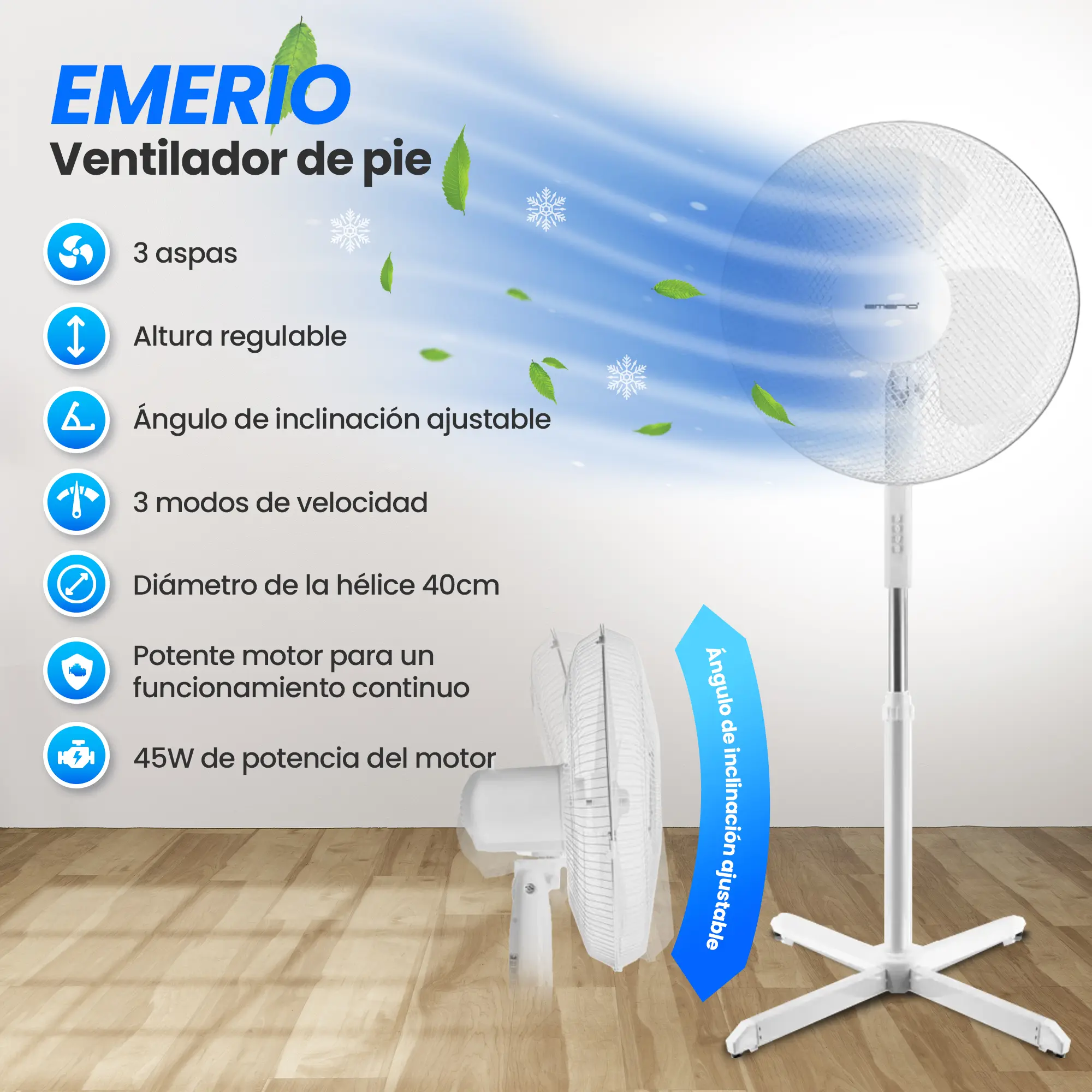 EMERIO FN-114204 VENTILADOR DE PIE 40CM, 3 ASPAS, 3 VELOCIDADES, BLANCO