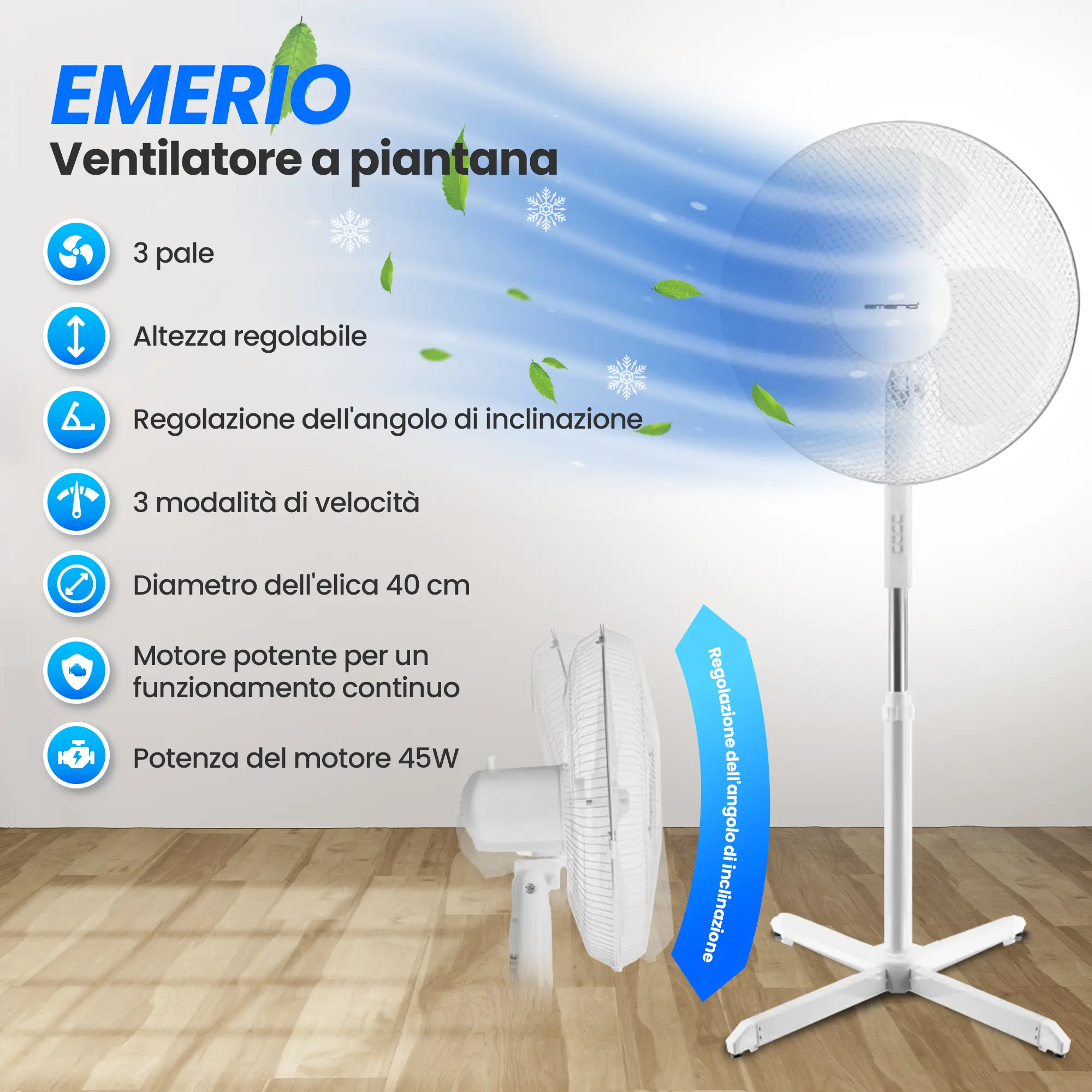 EMERIO FN-114204 VENTILATORE A PIANTANA 40 CM, 3 PALE, 3 VELOCITÀ, BIANCO