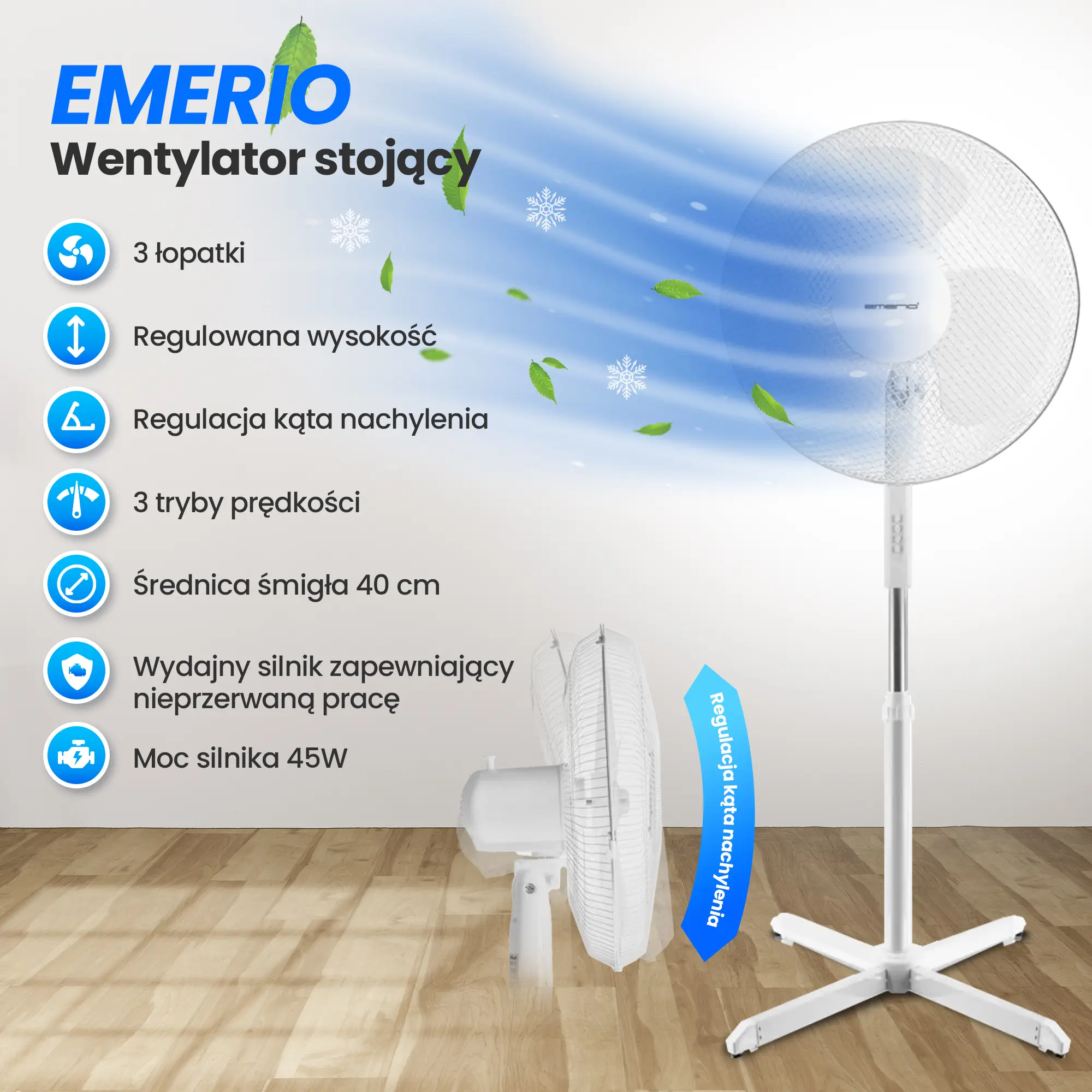 EMERIO FN-114204 STANDING FAN 40CM, 3 BLADES, 3 SPEED SETTINGS, WHITE