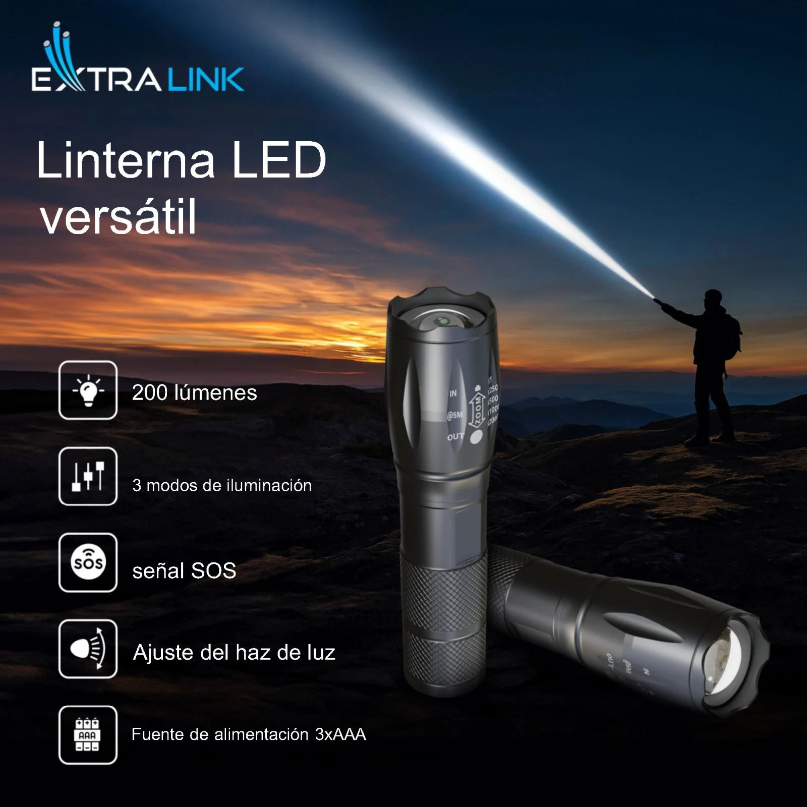 EXTRALINK FLASHLIGHT EFL-1008 10W LED 200LM BATERÍA batna24