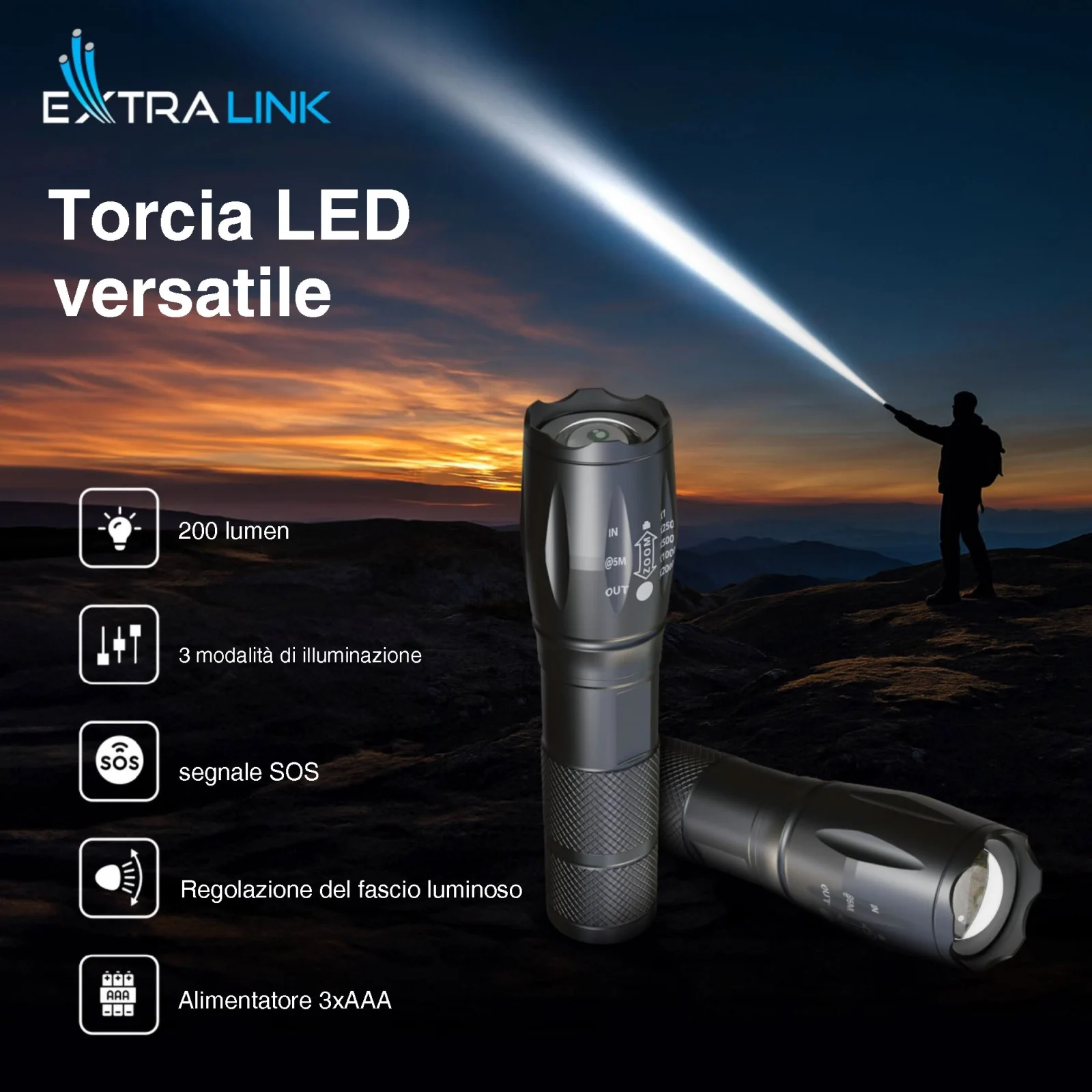 EXTRALINK FLASHLIGHT EFL-1008 10W LED 200LM BATTERIA batna24