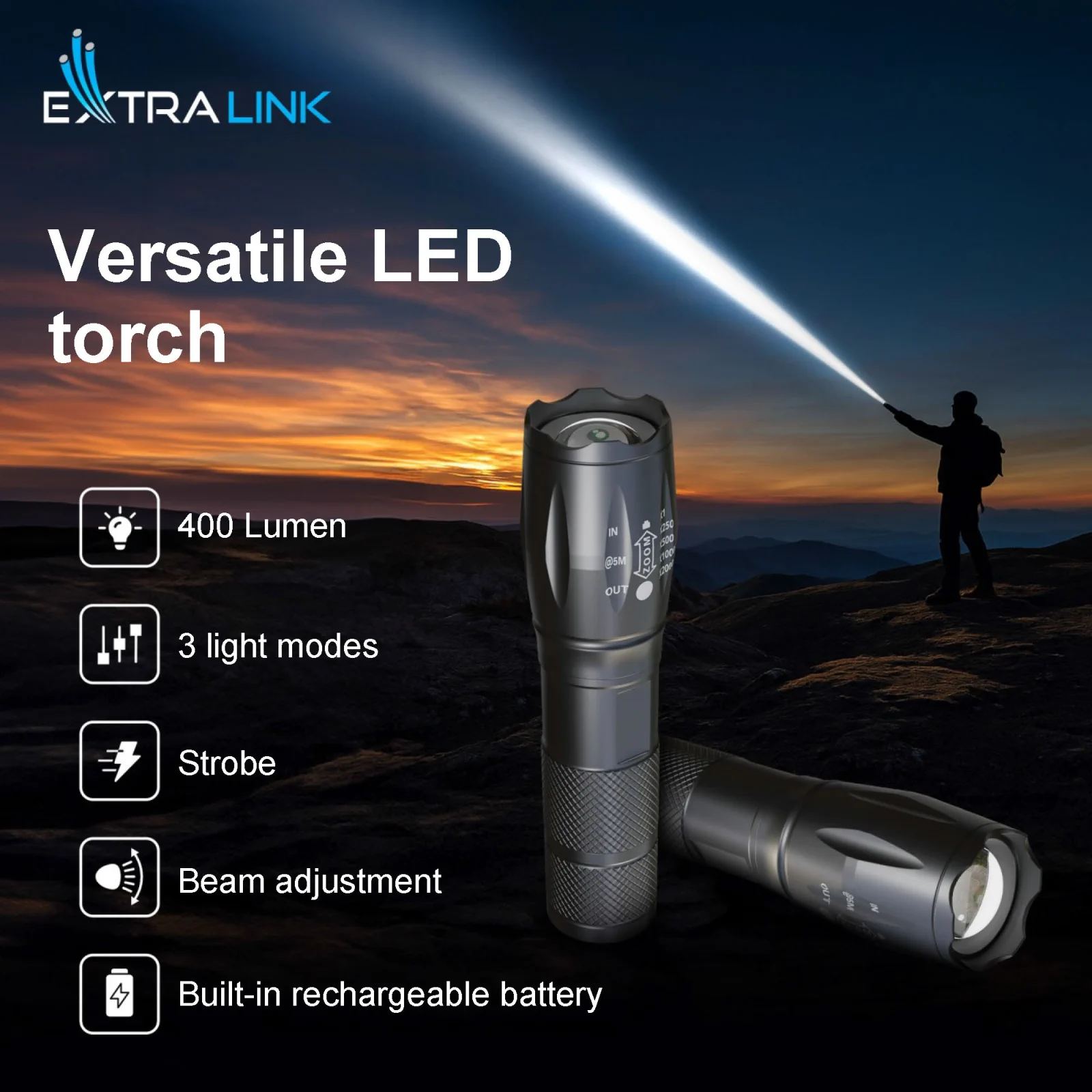 EXTRALINK FLASHLIGHT EFL-1031 10W LED 400LM RECHARGEABLE BATTERY batna24