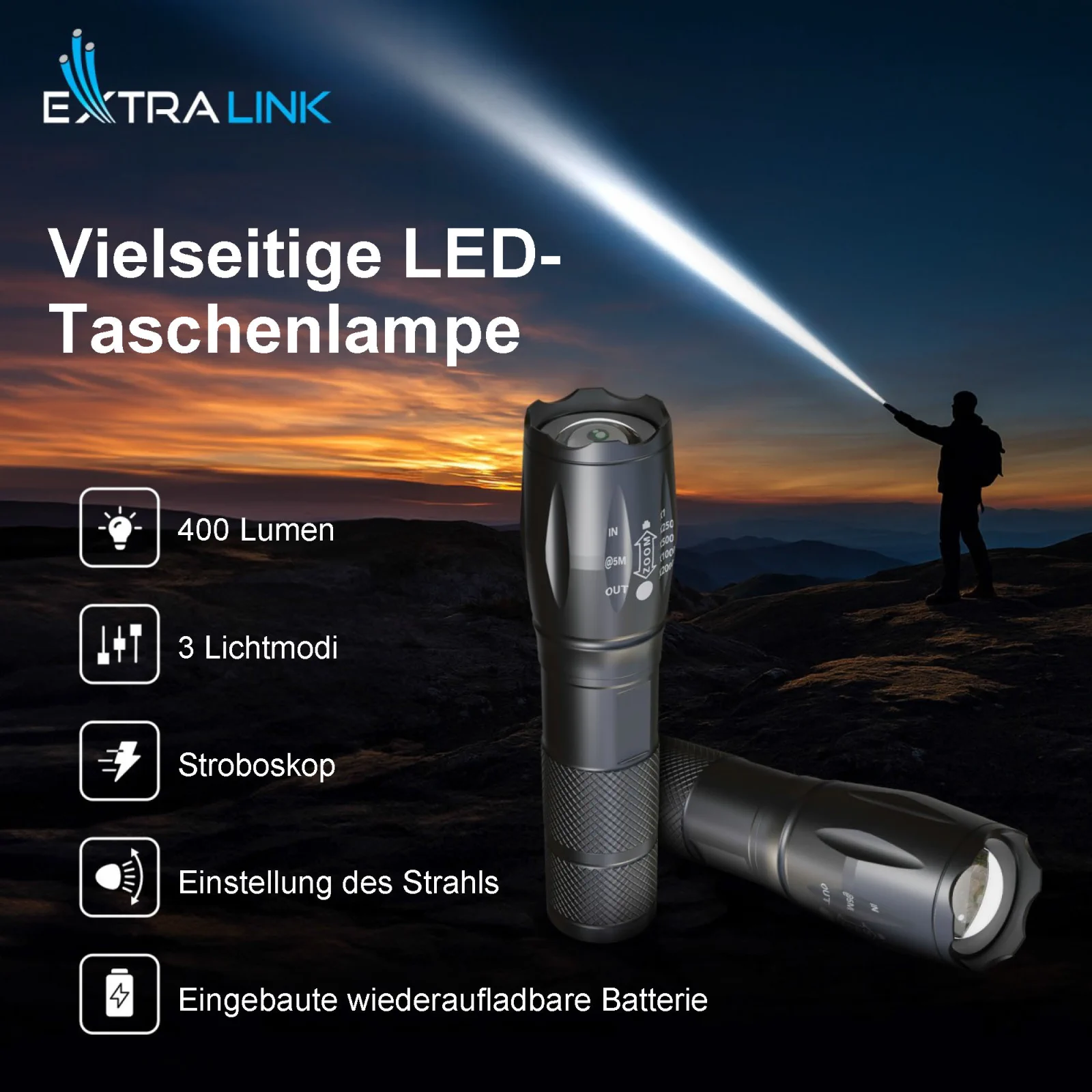 EXTRALINK FLASHLIGHT EFL-1031 10W LED 400LM ERNEUERBARE BATTERIE batna24