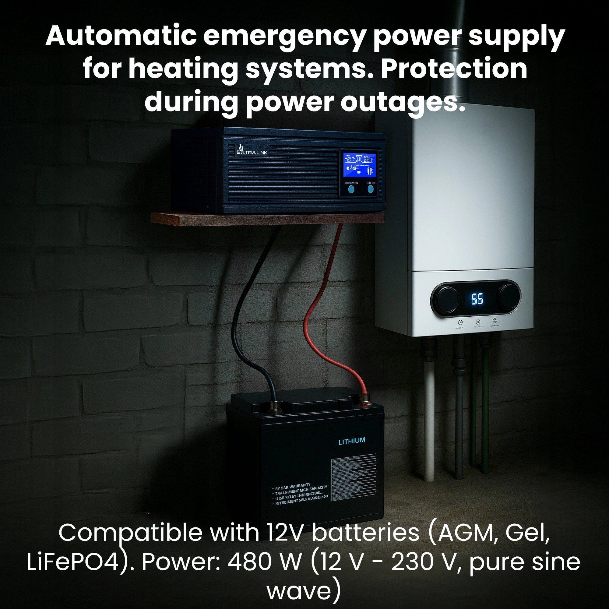 ИБП Extralink Piorun 600VA и аккумулятор Extralink, подключенный к газовой плите в темном подвале