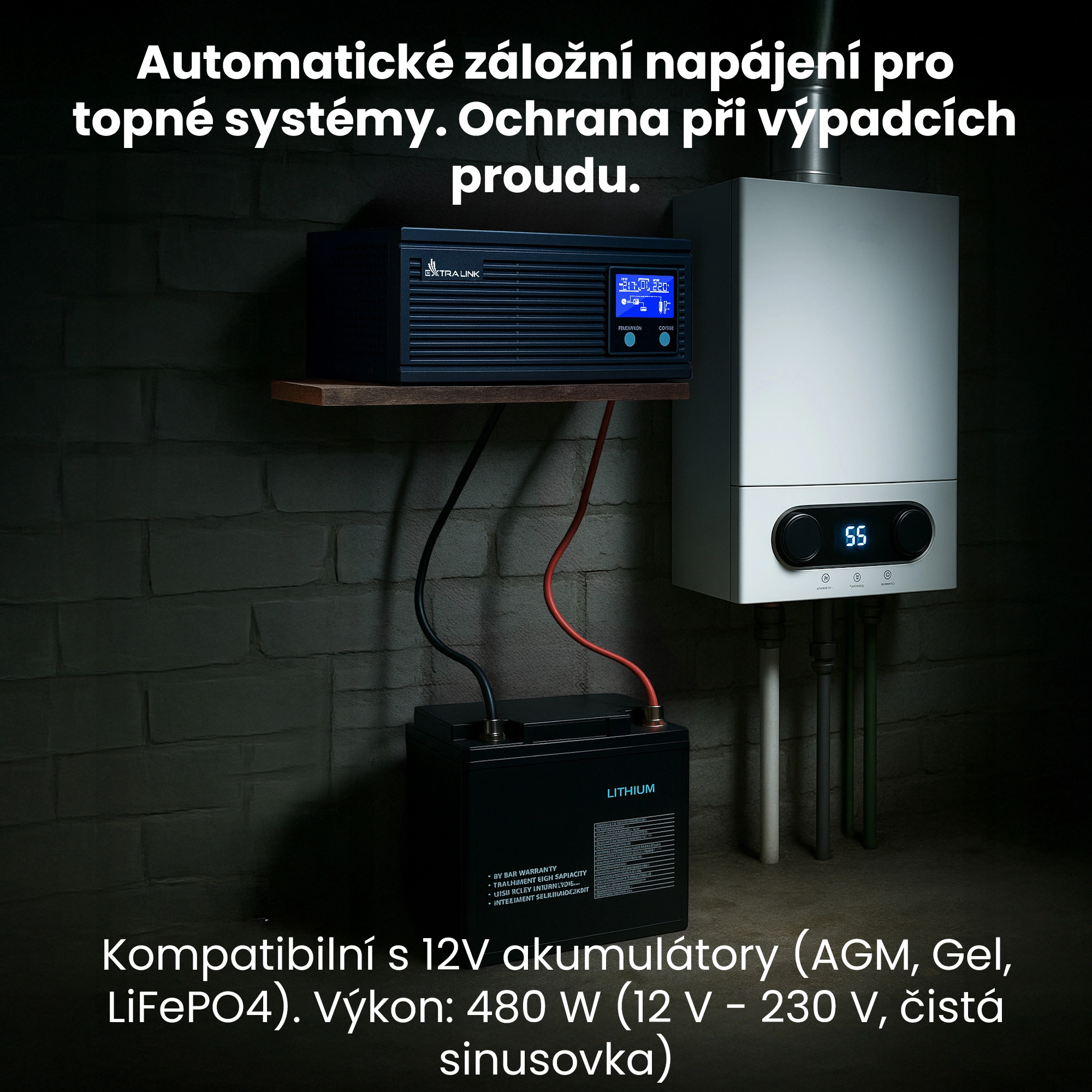 UPS Extralink Piorun 600VA a baterie Extralink připojen&eacute; k plynov&eacute;mu spor&aacute;ku v tmav&eacute;m sklepě