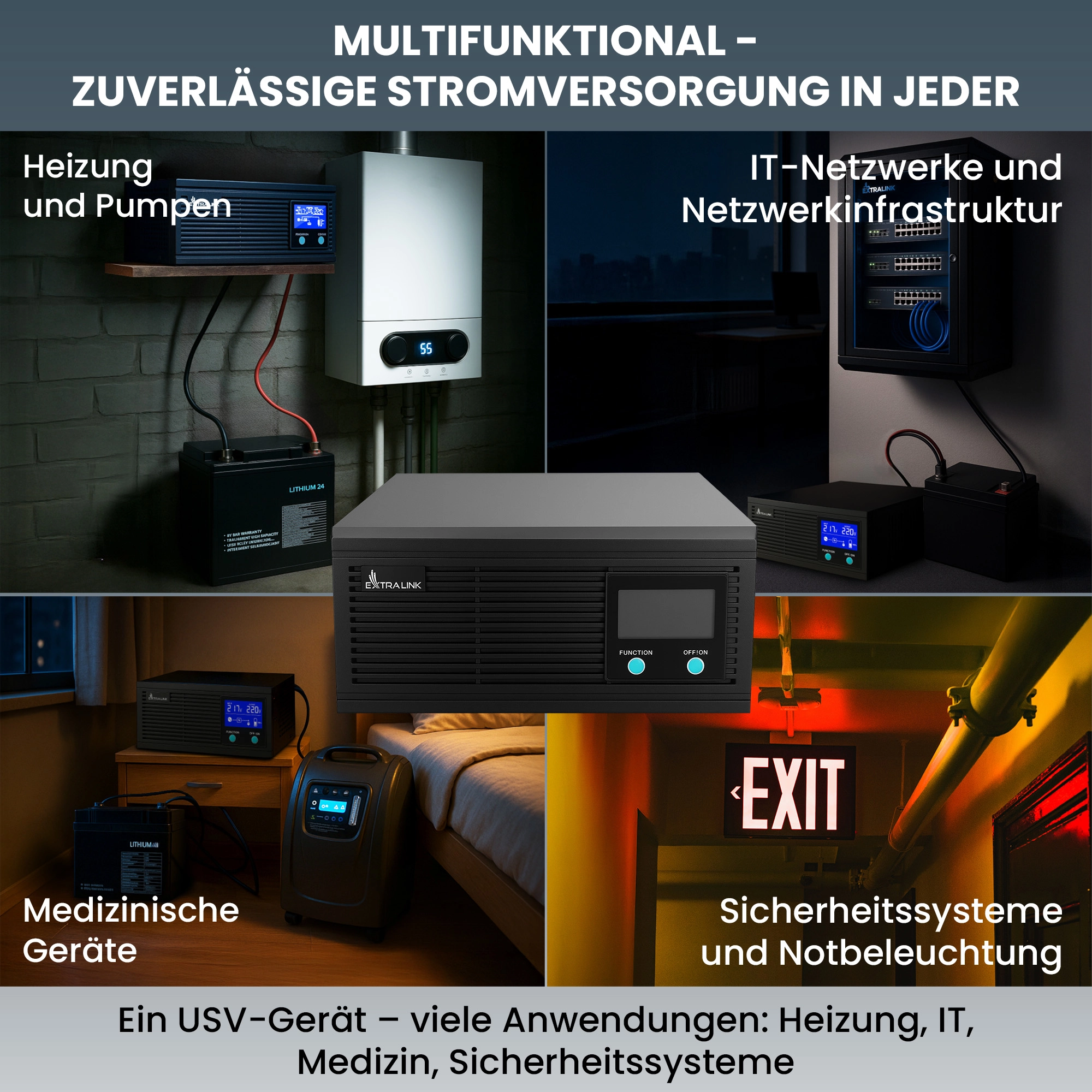 Collage mit Extralink Lightning 600VA und Extralink Akkupack in vier verschiedenen Anwendungen