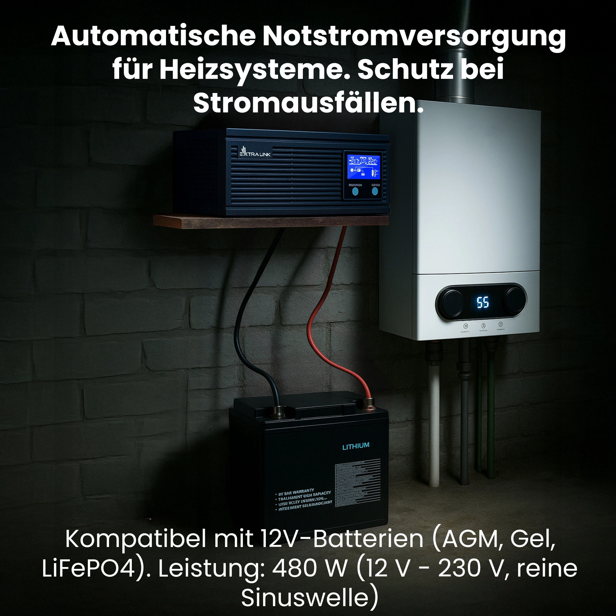 Extralink Piorun 600VA UPS und Extralink-Batterie an Gasherd im dunklen Keller angeschlossen
