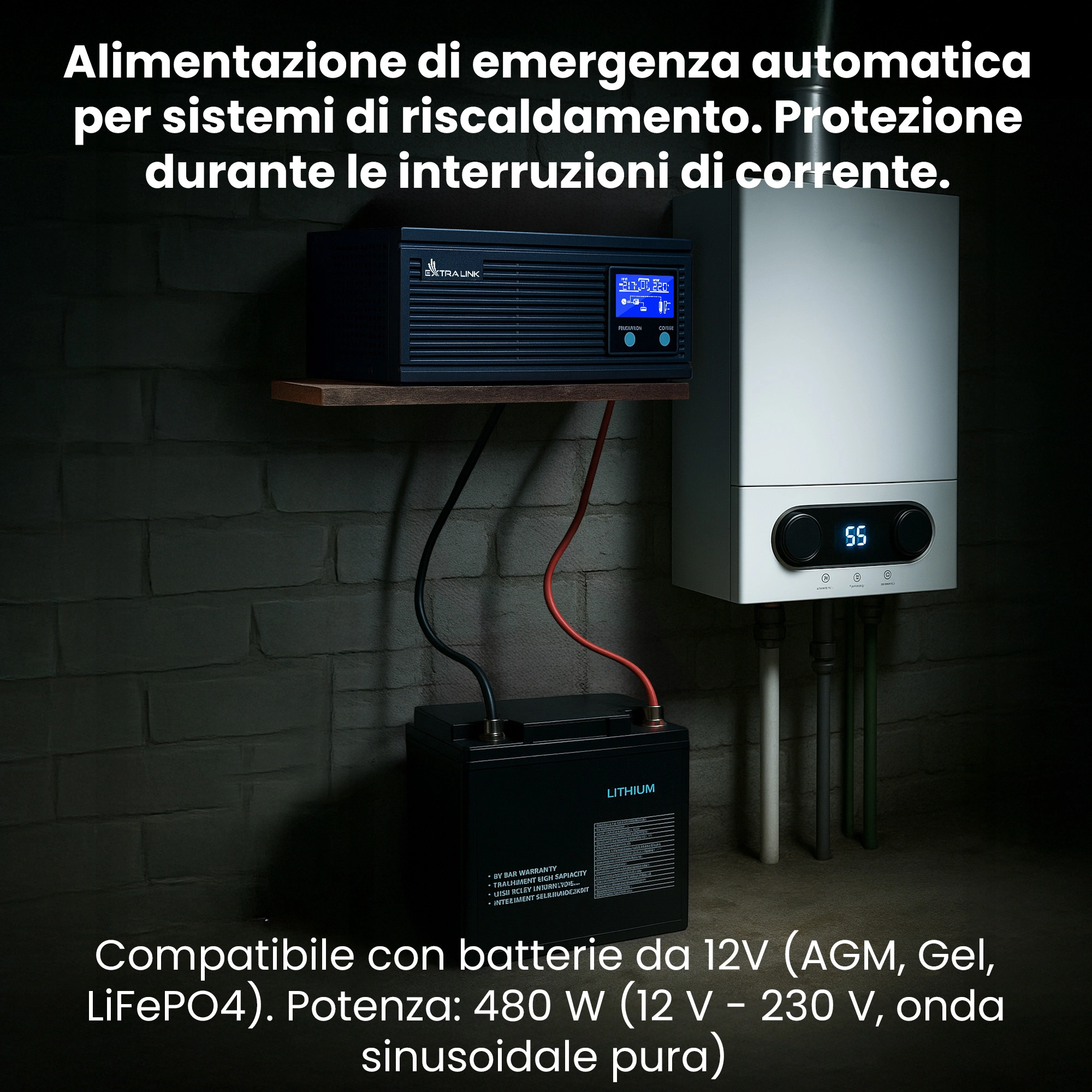 UPS Extralink Piorun 600VA e batteria Extralink collegati al fornello a gas nel seminterrato buio