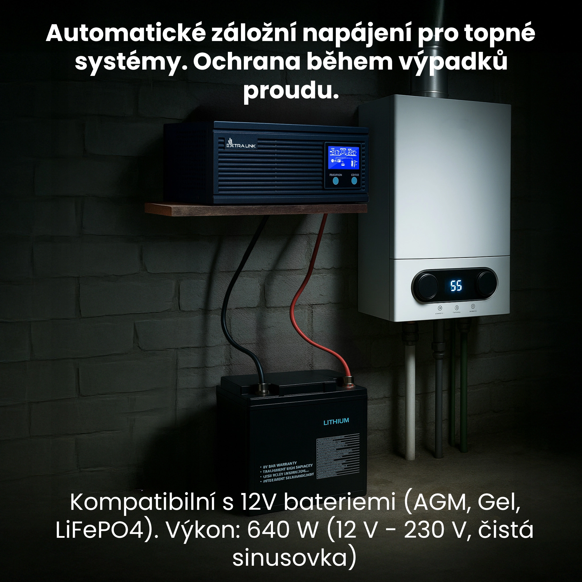 UPS Extralink Piorun 800VA a baterie Extralink připojené k plynovému sporáku v tmavém sklepě