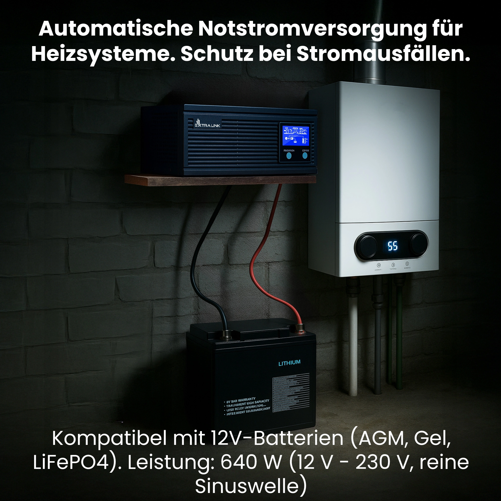 Extralink Piorun 800VA USV und Extralink-Batterie, angeschlossen an einen Gasherd in einem dunklen Keller