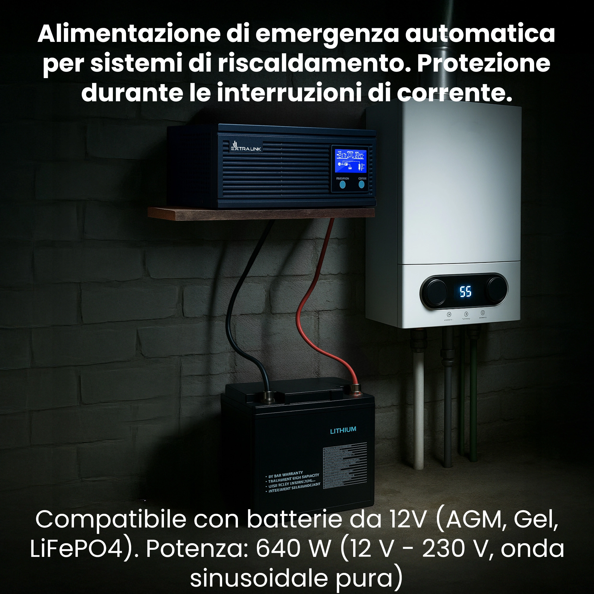 UPS Extralink Piorun 800VA e batteria Extralink collegati a un fornello a gas in un seminterrato buio