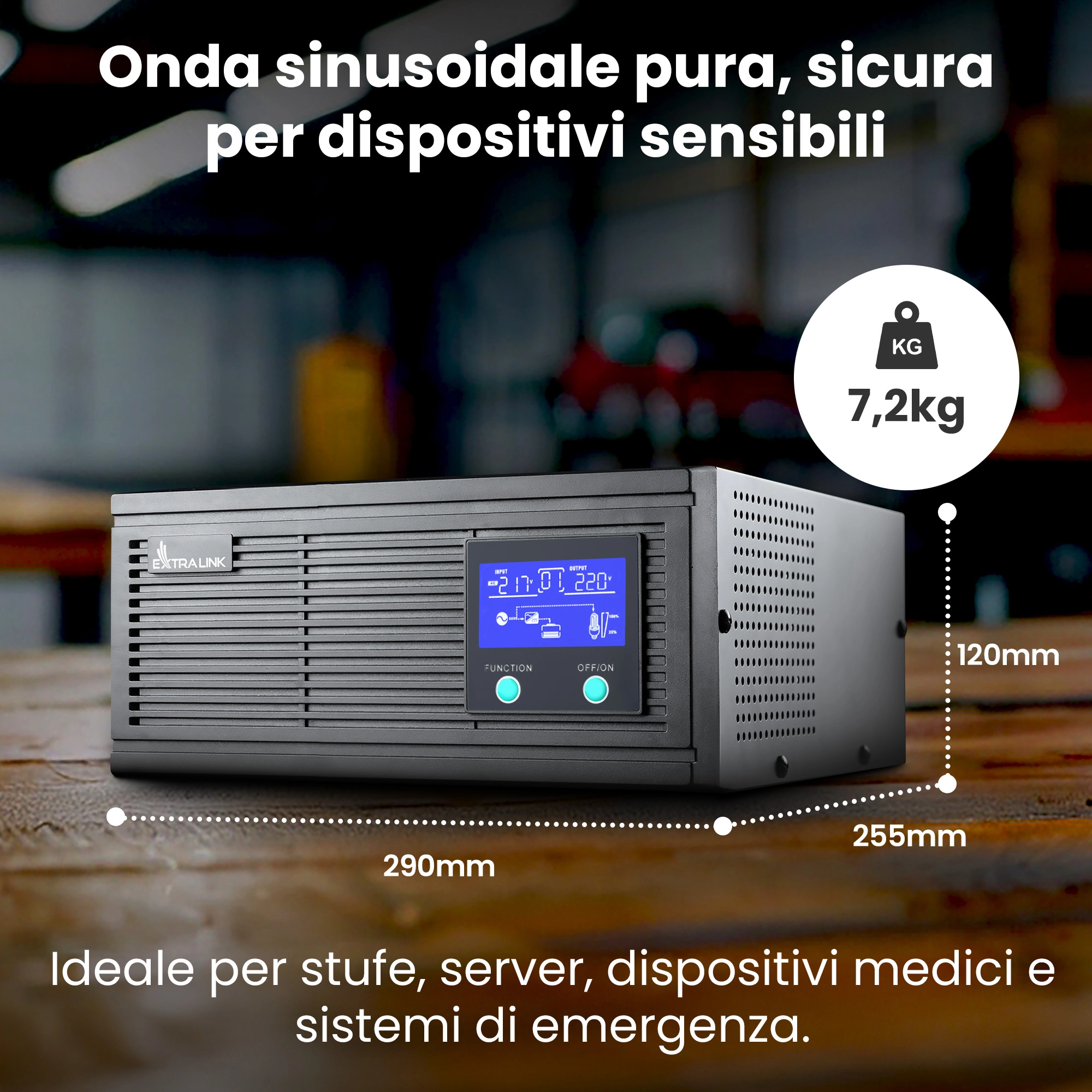Alimentatore Extralink Lightning nero su piano in legno con dimensioni e peso visibili
