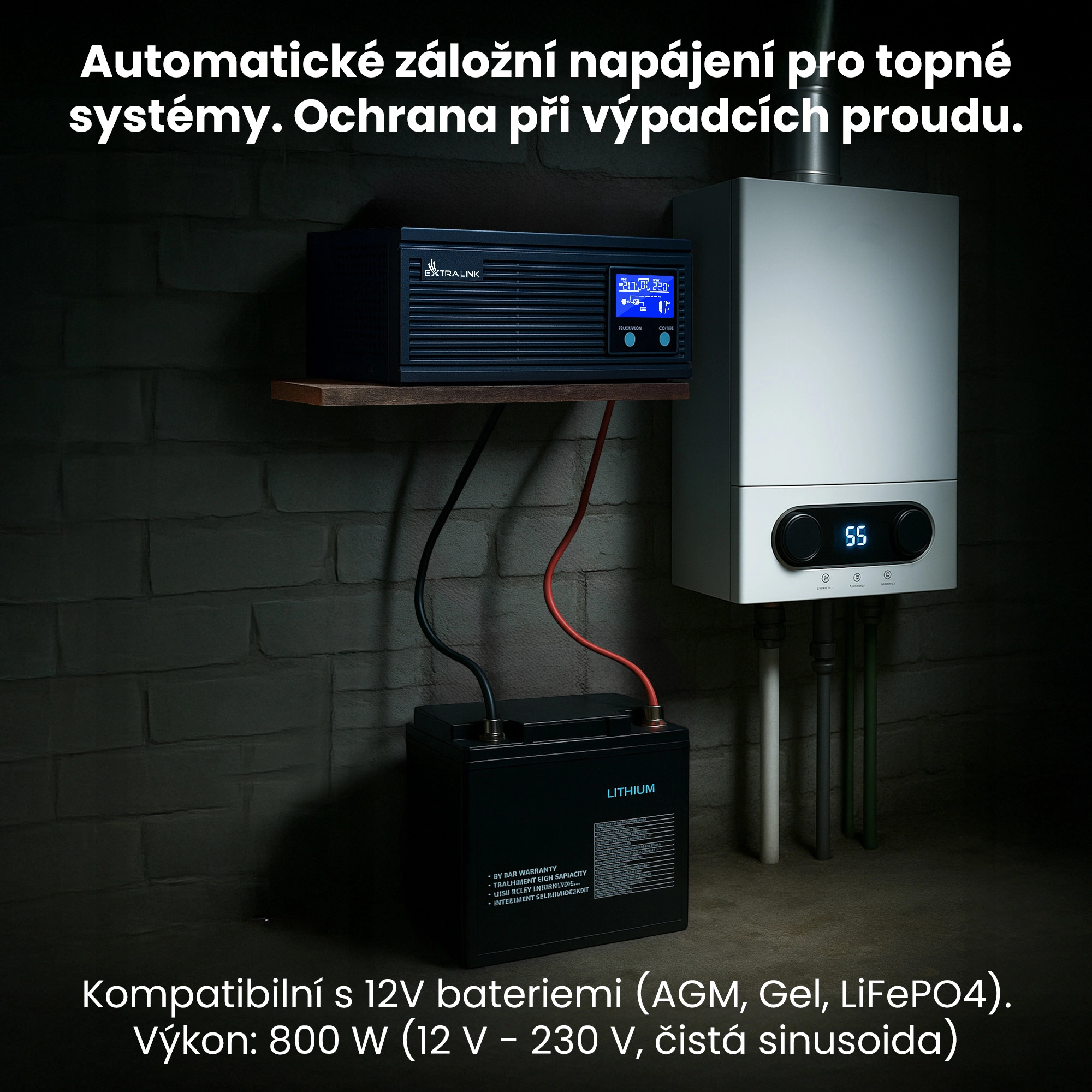 UPS Extralink Piorun 1000VA a baterie Extralink připojené k plynovému sporáku v tmavém sklepě