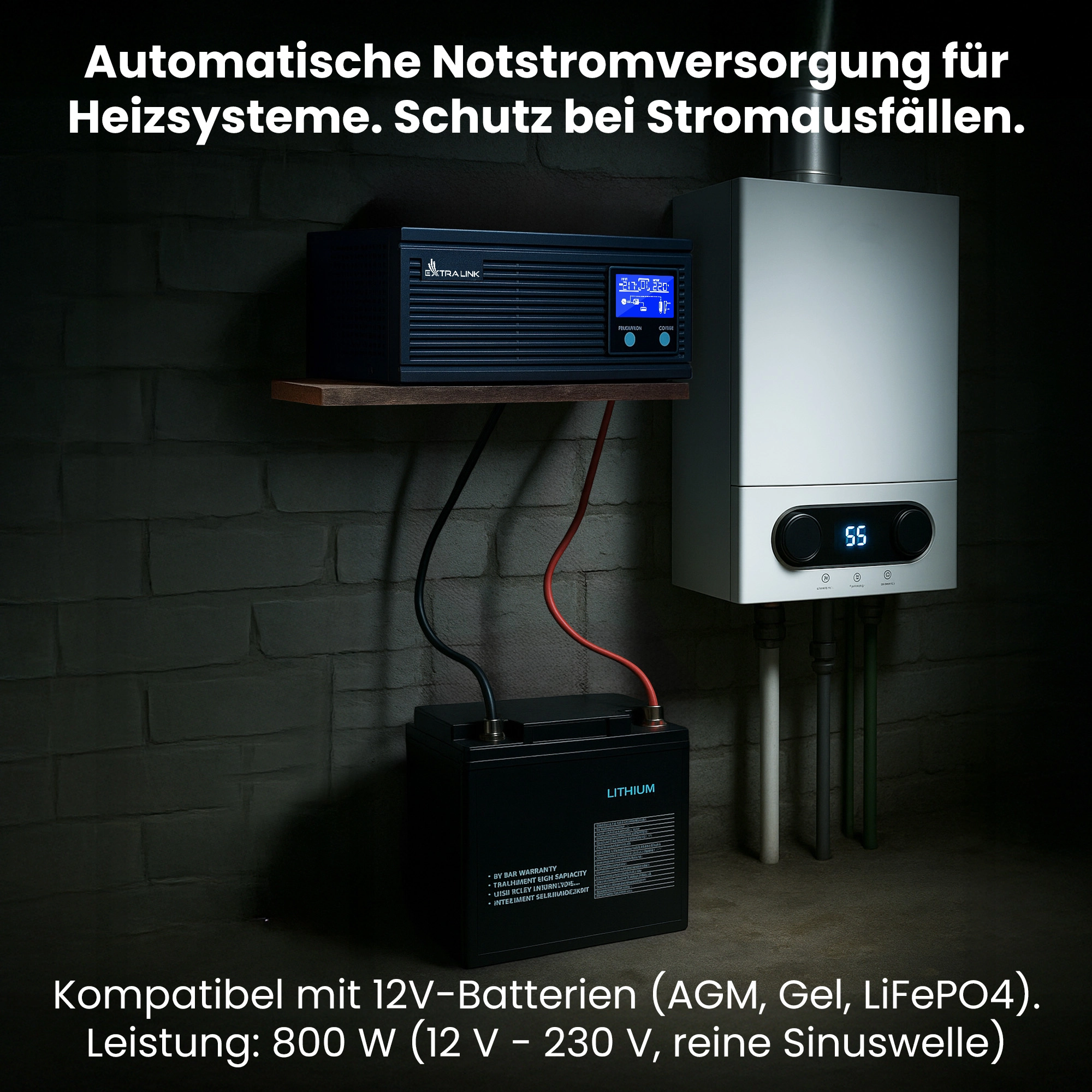 Extralink Piorun 1000VA UPS und Extralink-Batterie an Gasherd im dunklen Keller angeschlossen