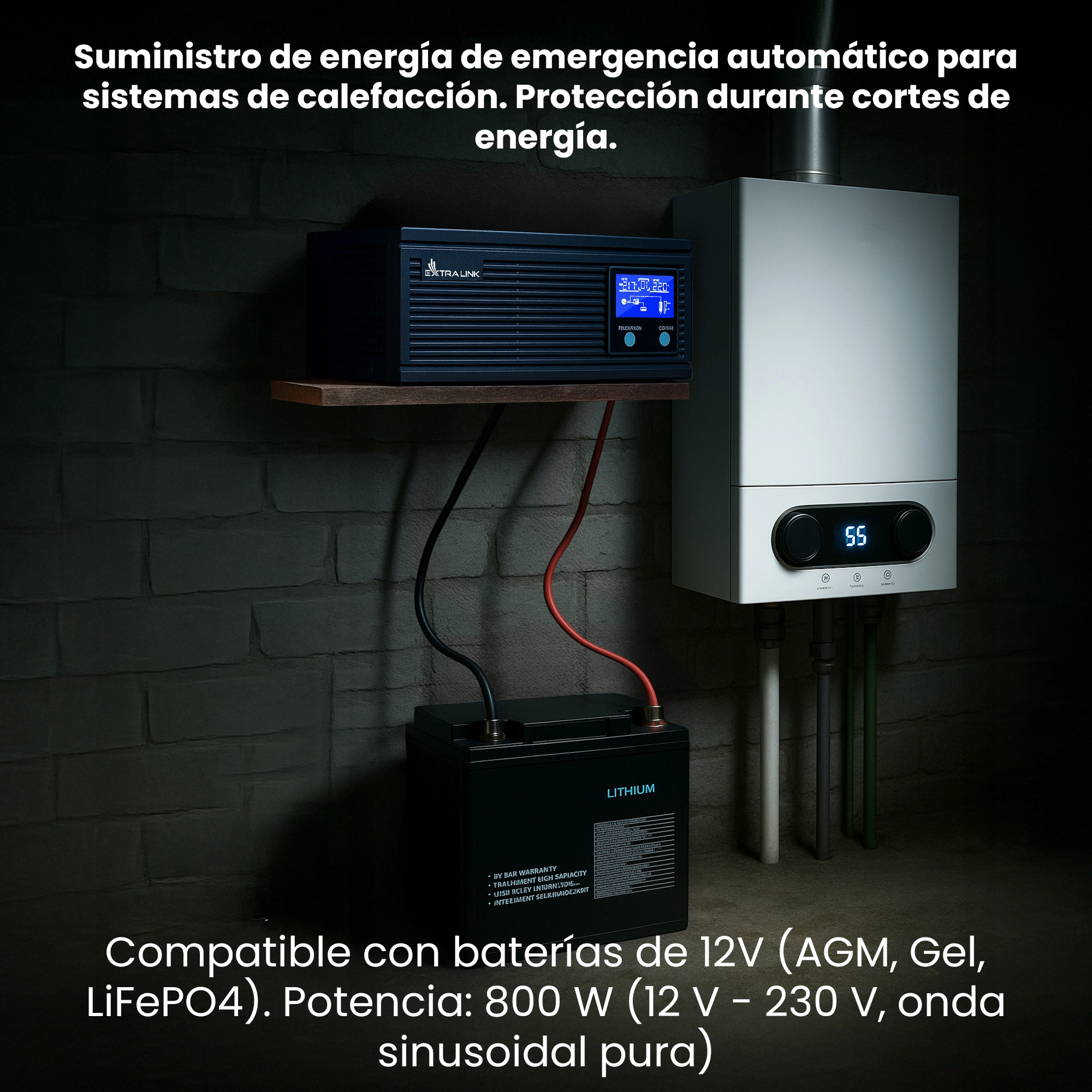 SAI Extralink Piorun 1000VA y batería Extralink conectados a cocina de gas en sótano oscuro