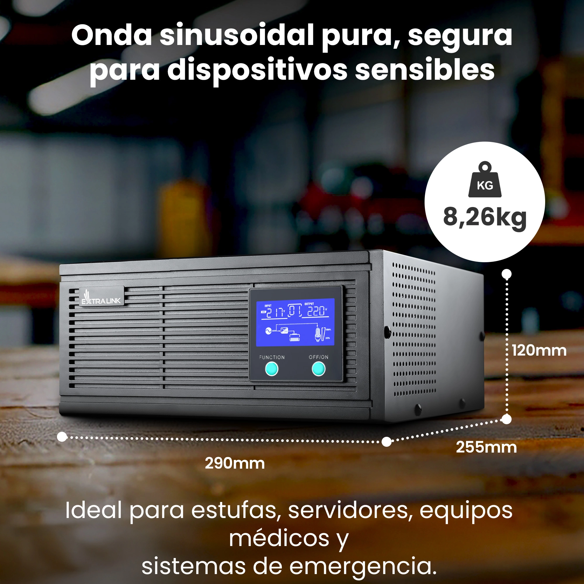 Fuente de alimentación Extralink Lightning negra sobre tapa de madera con dimensiones y peso visibles