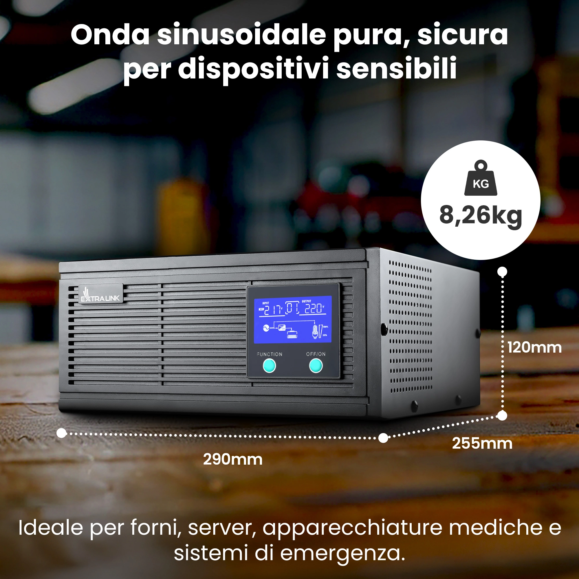 Alimentatore Extralink Lightning nero su piano in legno con dimensioni e peso visibili