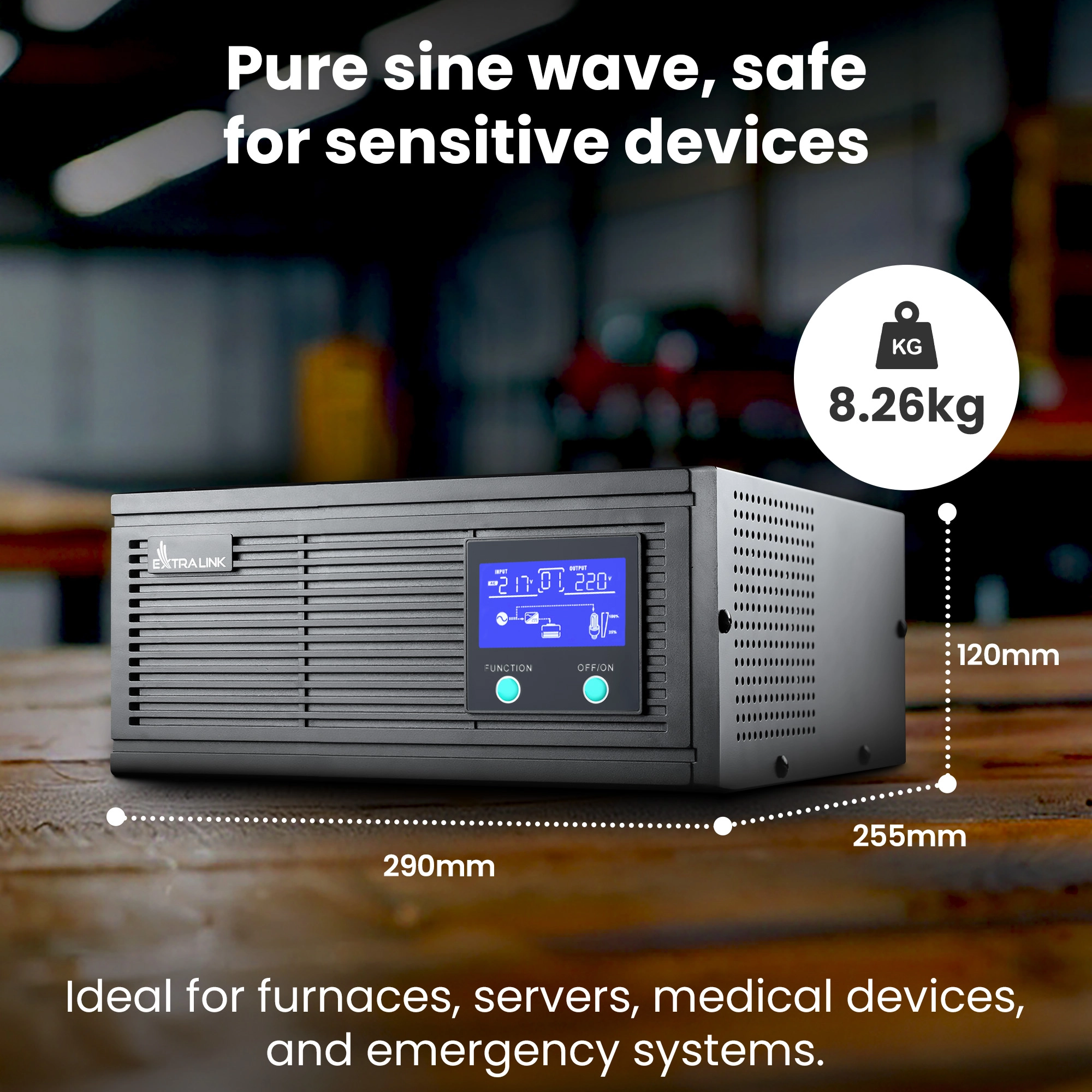 Fonte de alimentação Extralink Lightning preta em tampo de madeira com dimensões e peso visíveis