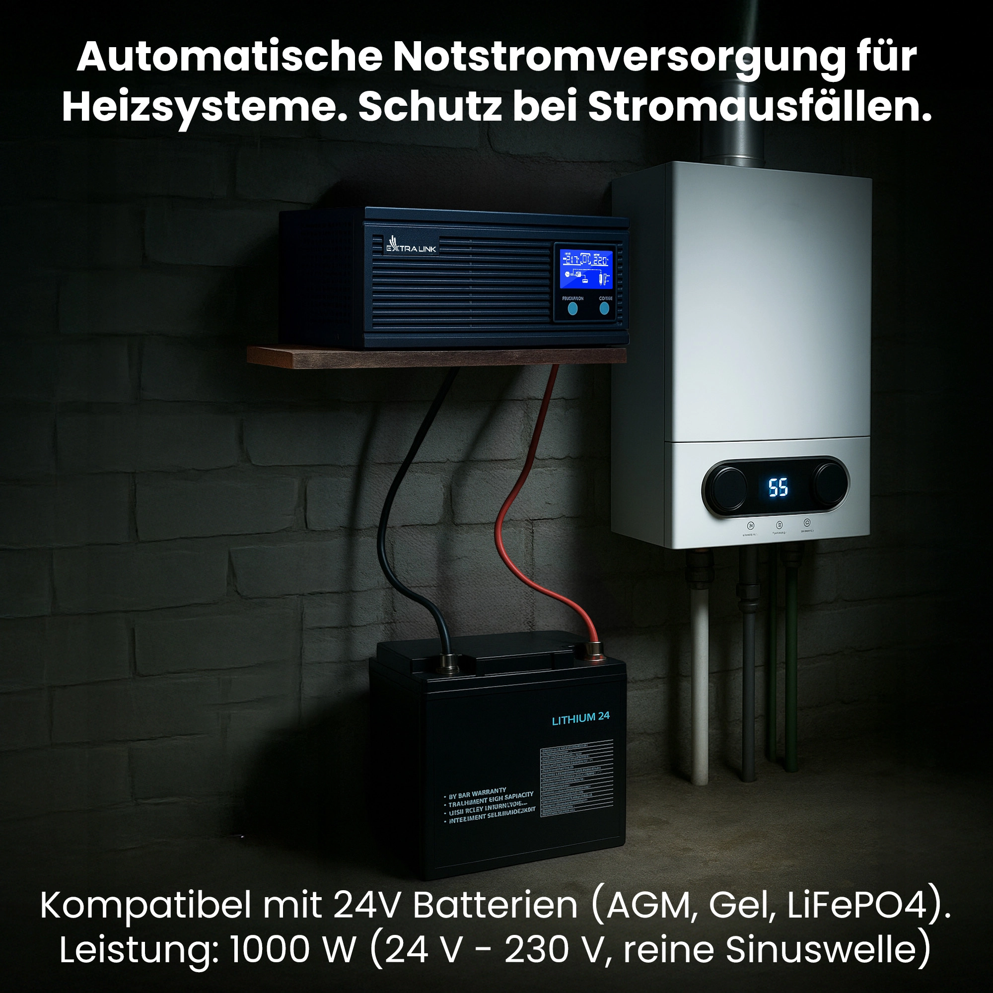 Extralink Piorun 1200VA UPS und Extralink-Batterie an Gasherd im dunklen Keller angeschlossen