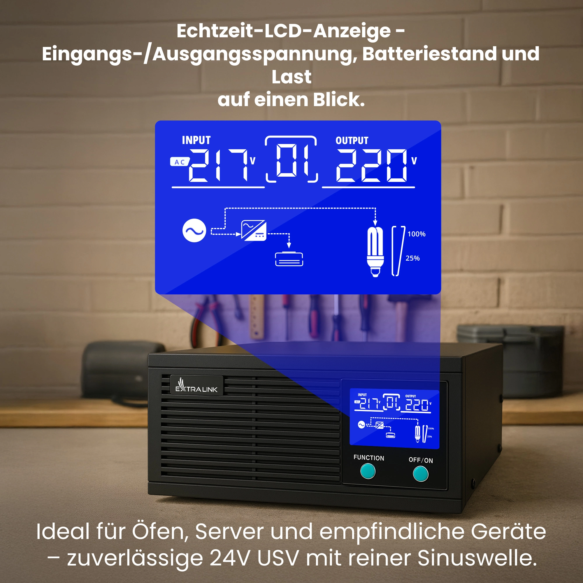 Extralink Bolt-Netzteil auf der Werkbank, mit vergr&ouml;&szlig;erter Anzeige der INPUT- und OUTPUT-Spannungen