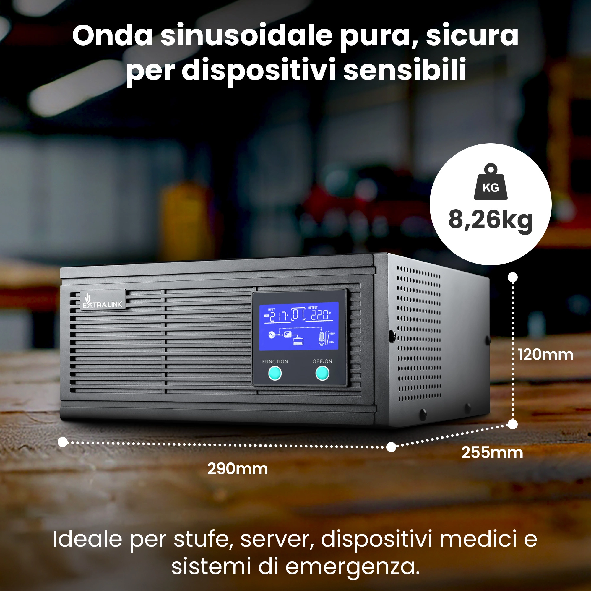 Alimentatore Extralink Lightning nero su piano in legno con dimensioni e peso visibili