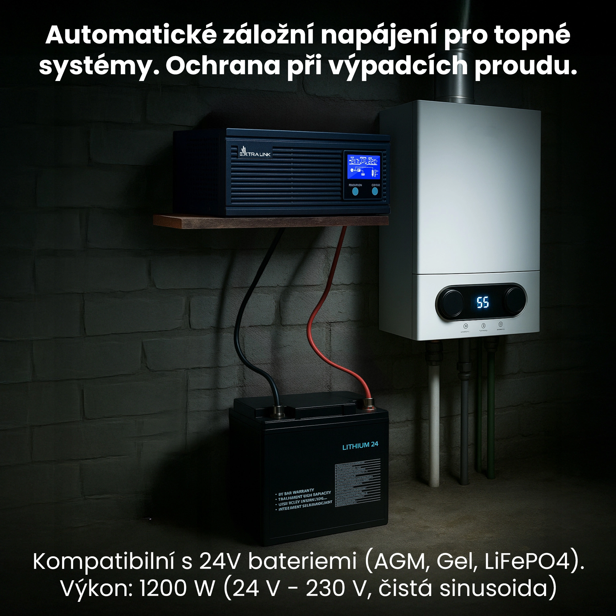 UPS Extralink Piorun 1500VA a baterie Extralink připojen&eacute; k plynov&eacute;mu spor&aacute;ku v tmav&eacute;m sklepě