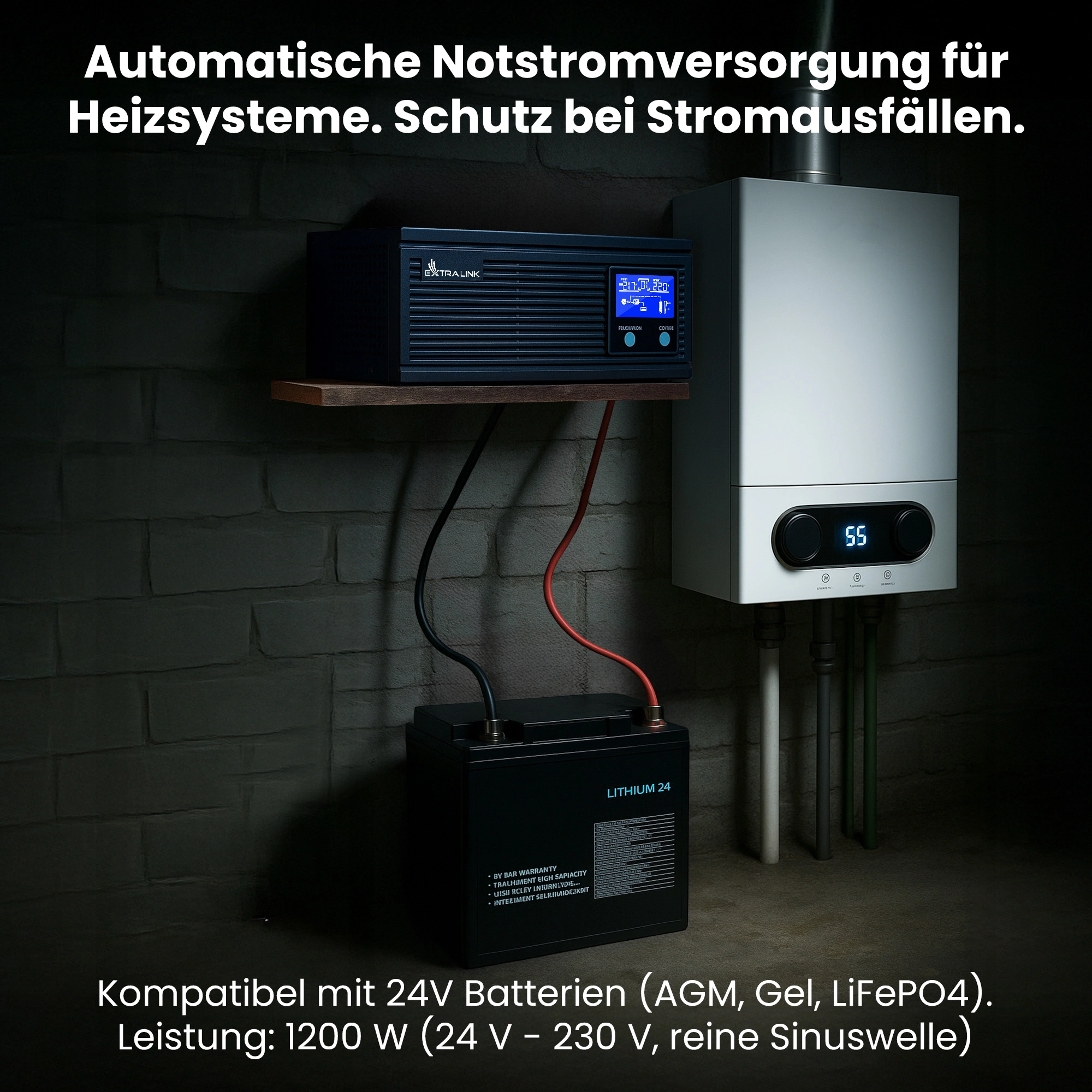 Extralink Piorun 1500VA UPS und Extralink-Batterie an Gasherd im dunklen Keller angeschlossen