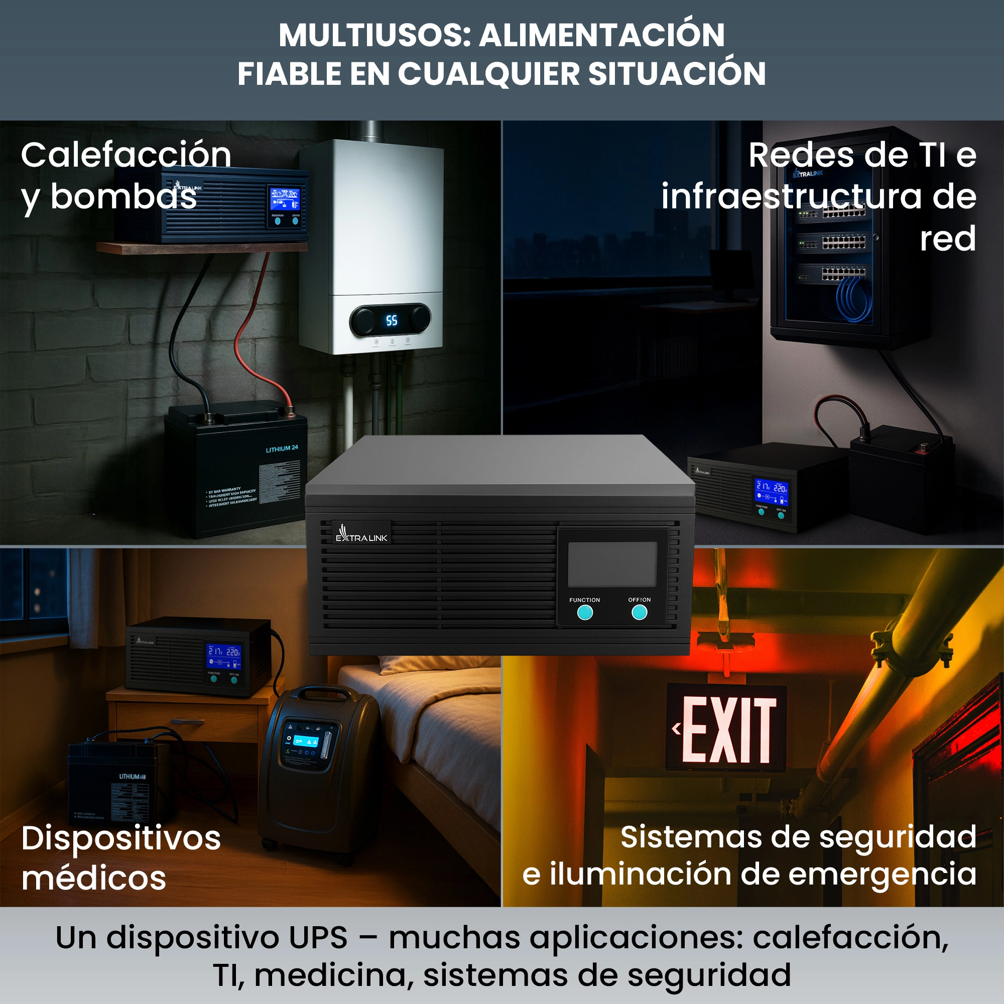 Collage que muestra Extralink Lightning 1500VA y el pack de bater&iacute;as Extralink en cuatro aplicaciones diferentes