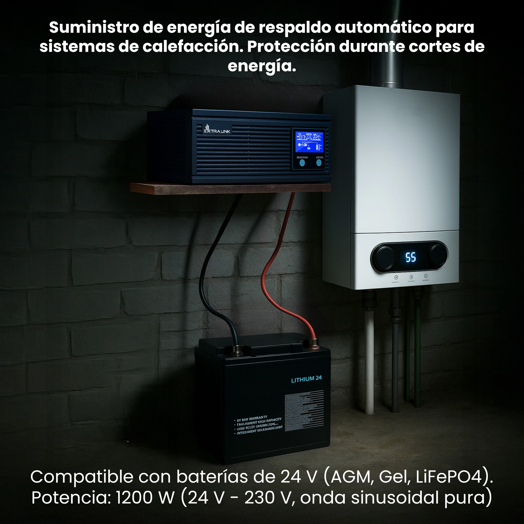 SAI Extralink Piorun 1500VA y bater&iacute;a Extralink conectados a cocina de gas en s&oacute;tano oscuro