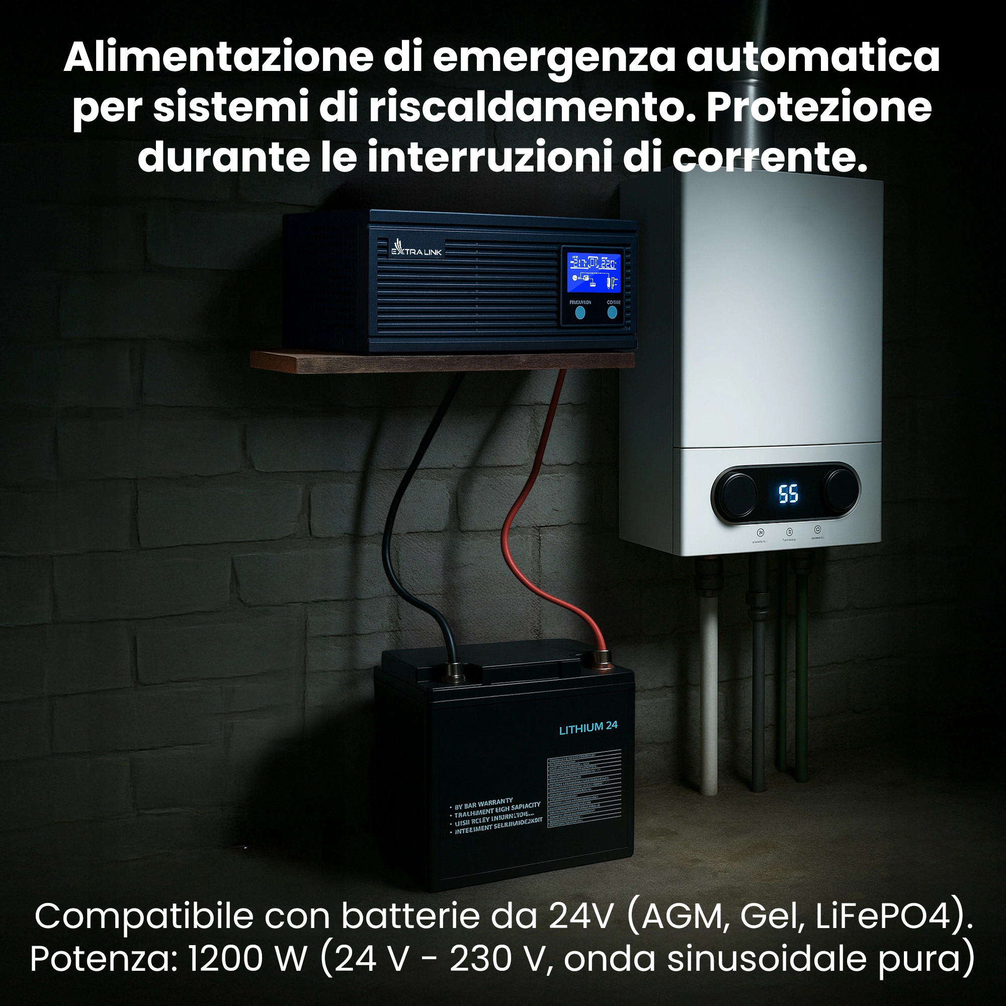 UPS Extralink Piorun 1500VA e batteria Extralink collegati al fornello a gas in un seminterrato buio
