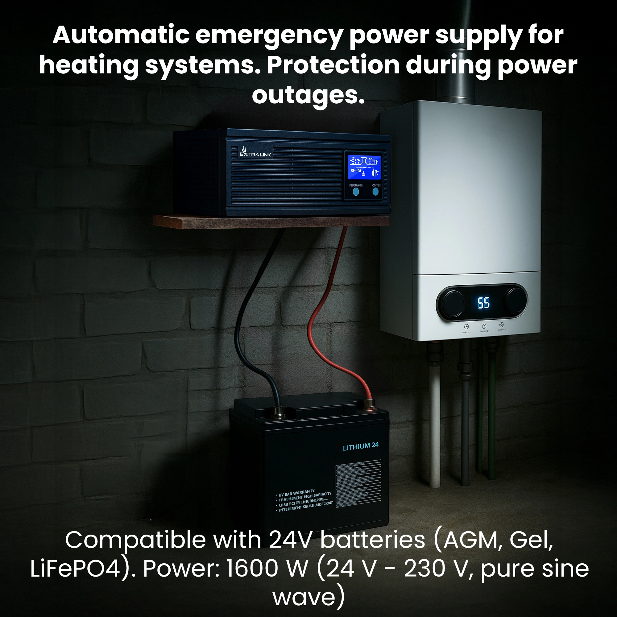 UPS Extralink Piorun 2000VA e bateria Extralink ligada a um fogão a gás numa cave escura