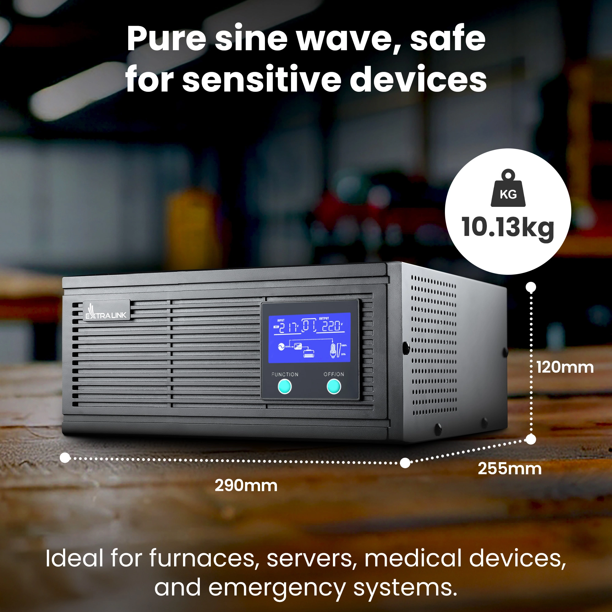 Fonte de alimentação Extralink Lightning preta em tampo de madeira com dimensões e peso visíveis