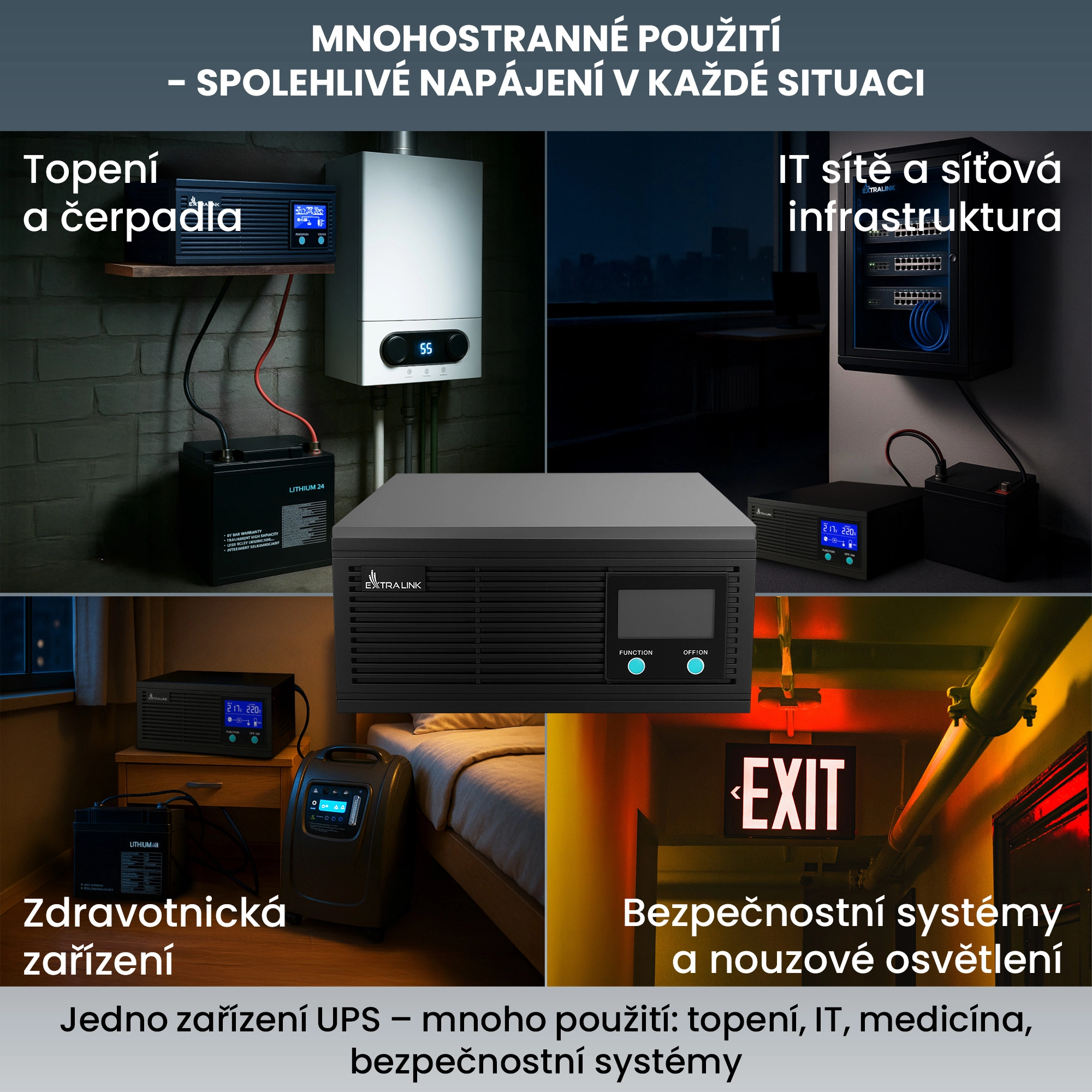 Kol&aacute;ž zobrazuj&iacute;c&iacute; Extralink Lightning 2000VA a akumul&aacute;tor Extralink ve čtyřech různ&yacute;ch aplikac&iacute;ch