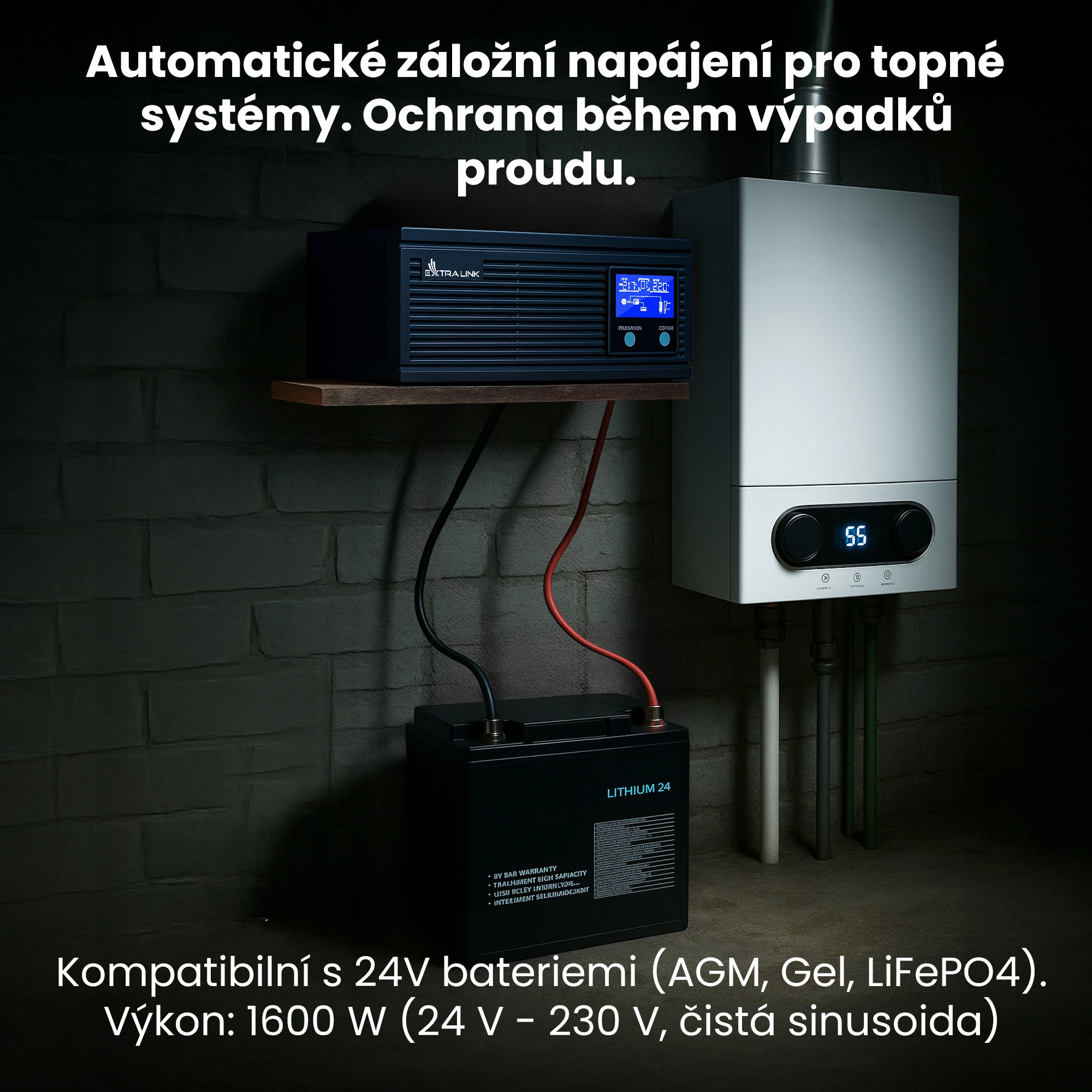 UPS Extralink Piorun 2000VA a baterie Extralink připojen&eacute; k plynov&eacute;mu spor&aacute;ku v tmav&eacute;m sklepě