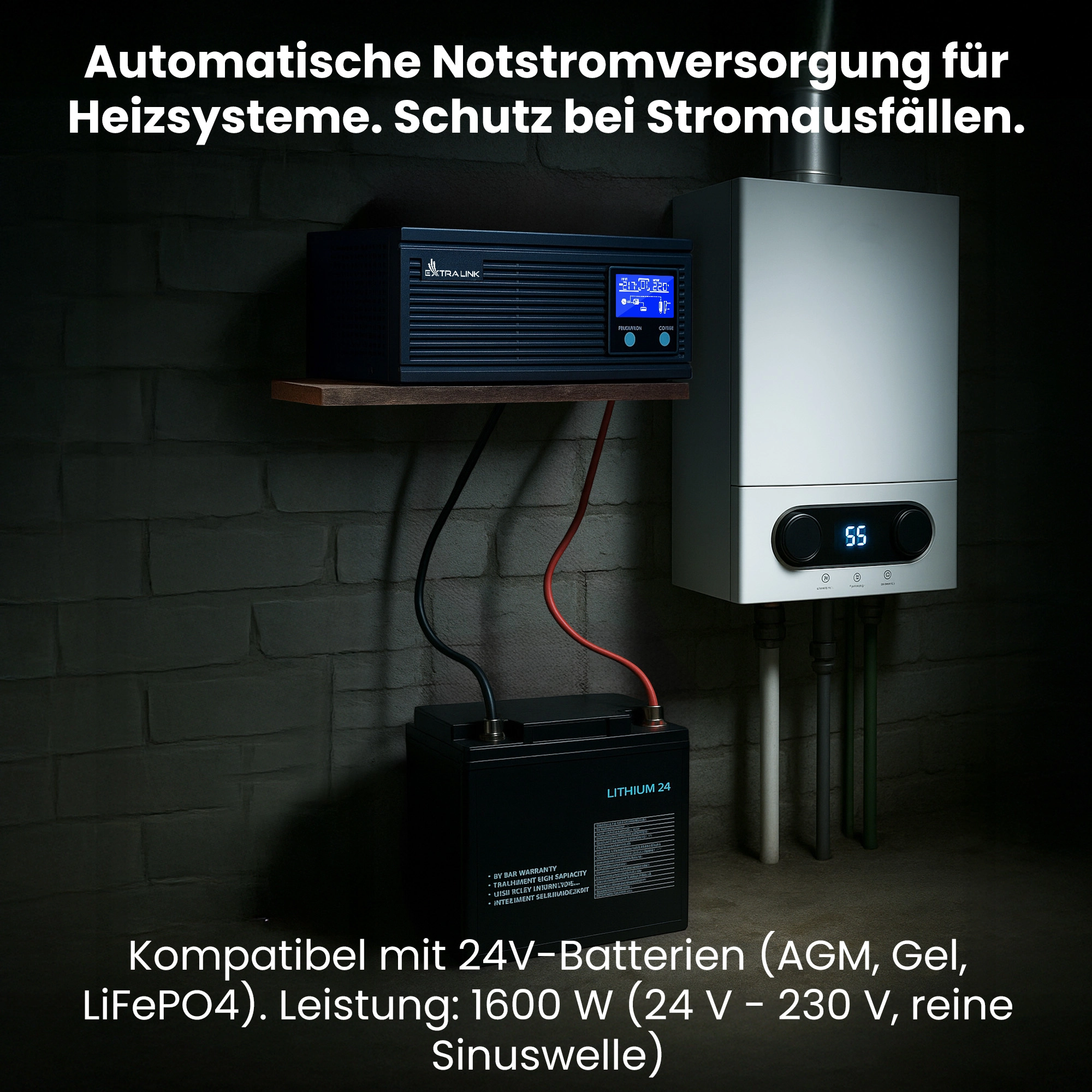 Extralink Piorun 2000VA UPS und Extralink-Batterie an Gasherd im dunklen Keller angeschlossen