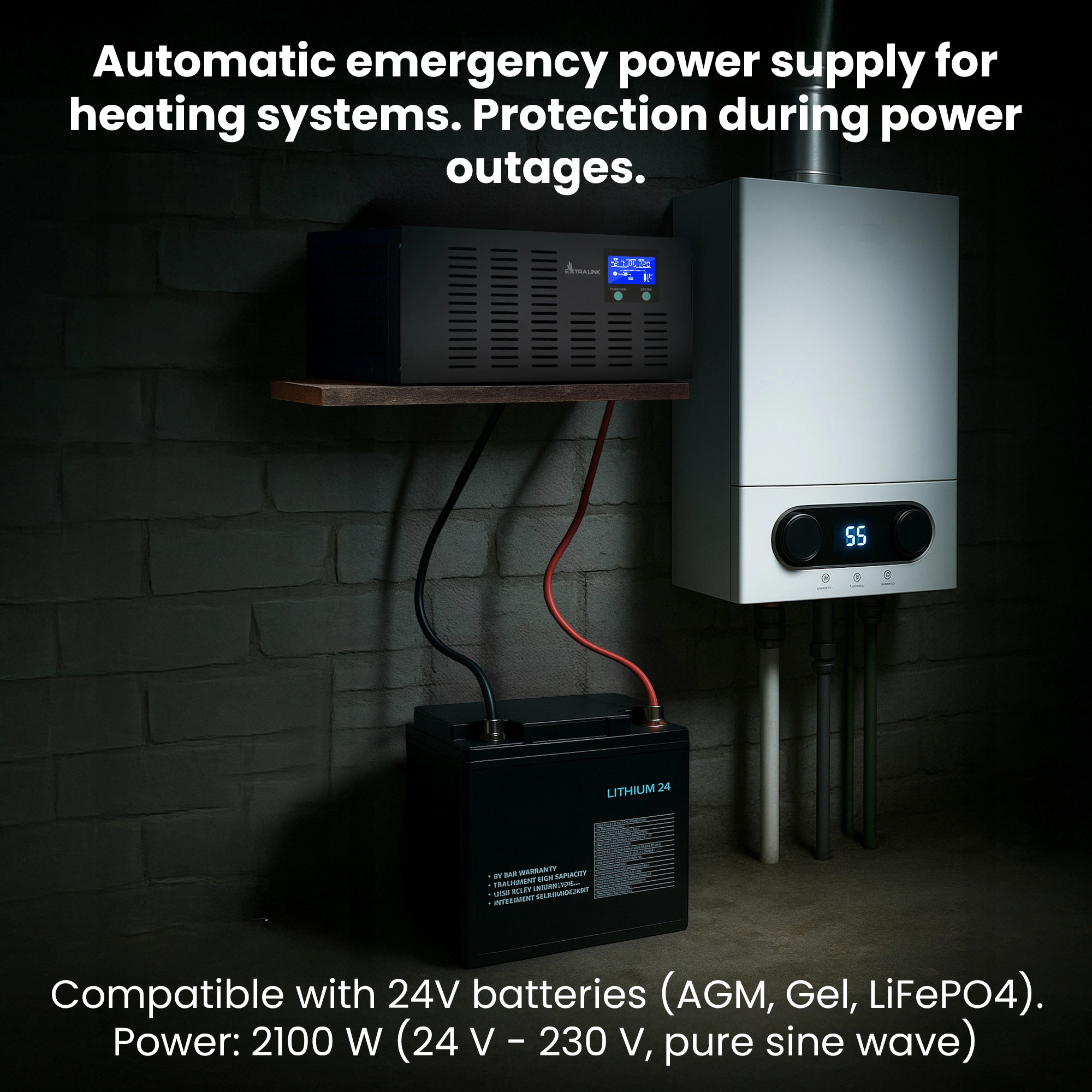 UPS Extralink Piorun 3000VA e bateria LITHIUM 24 ligada a um fogão a gás numa cave escura