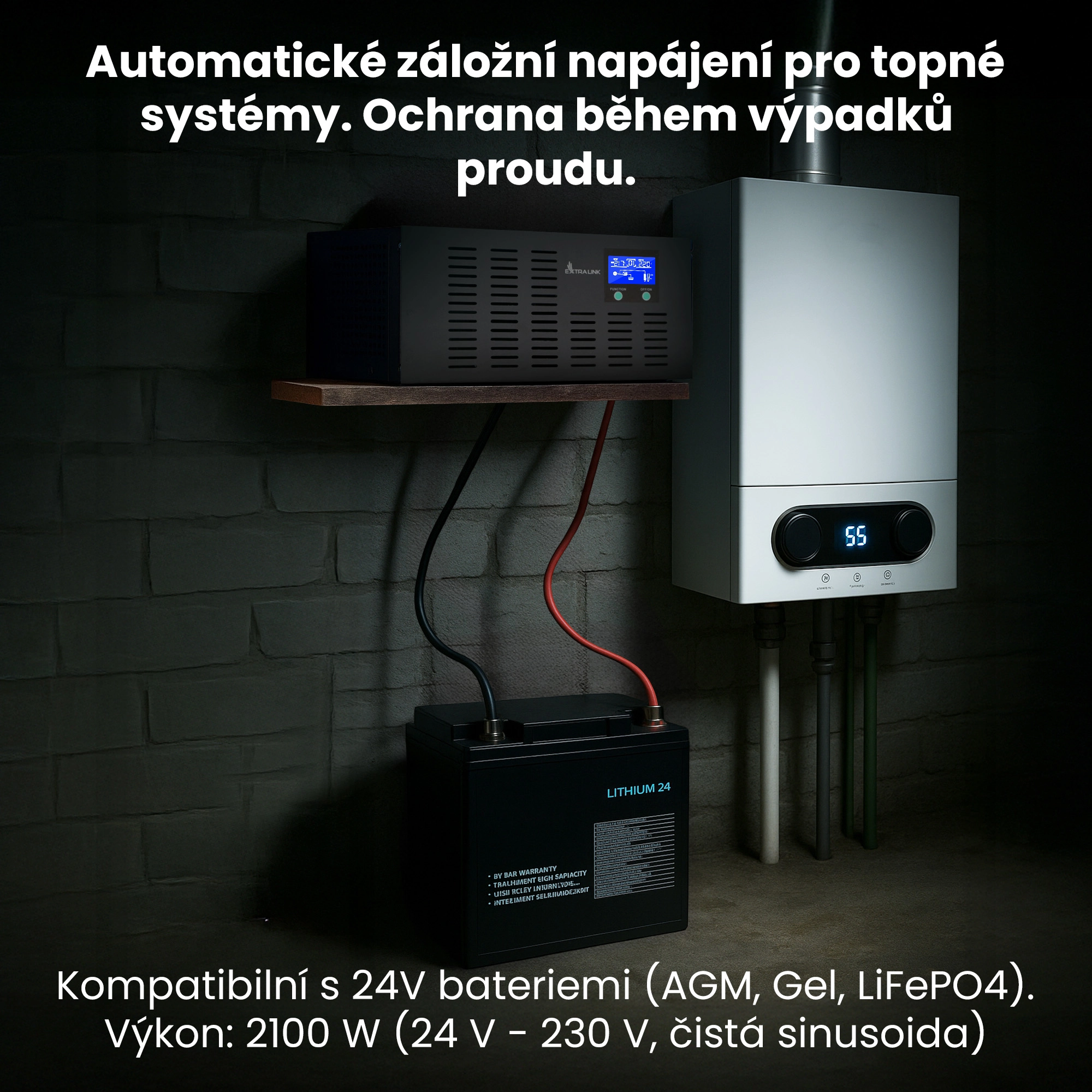Extralink Piorun 3000VA UPS a baterie LITHIUM 24 připojen&eacute; k plynov&eacute;mu spor&aacute;ku v tmav&eacute;m sklepě