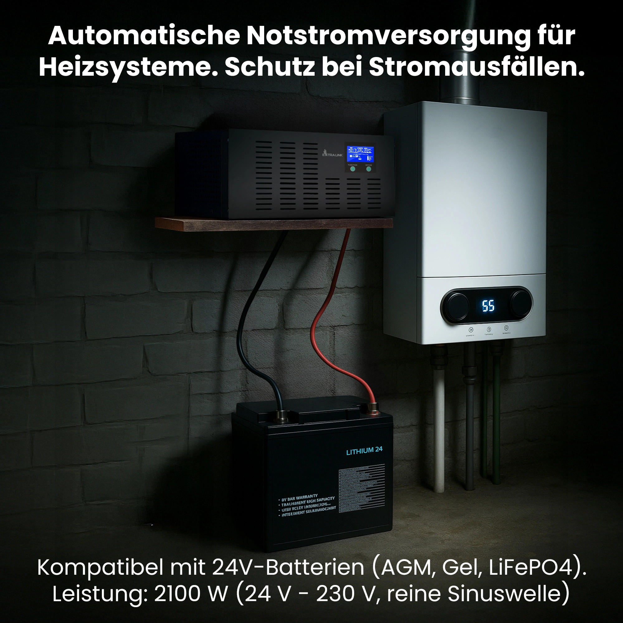 Extralink Piorun 3000VA UPS und LITHIUM 24 Batterie an Gasherd im dunklen Keller angeschlossen