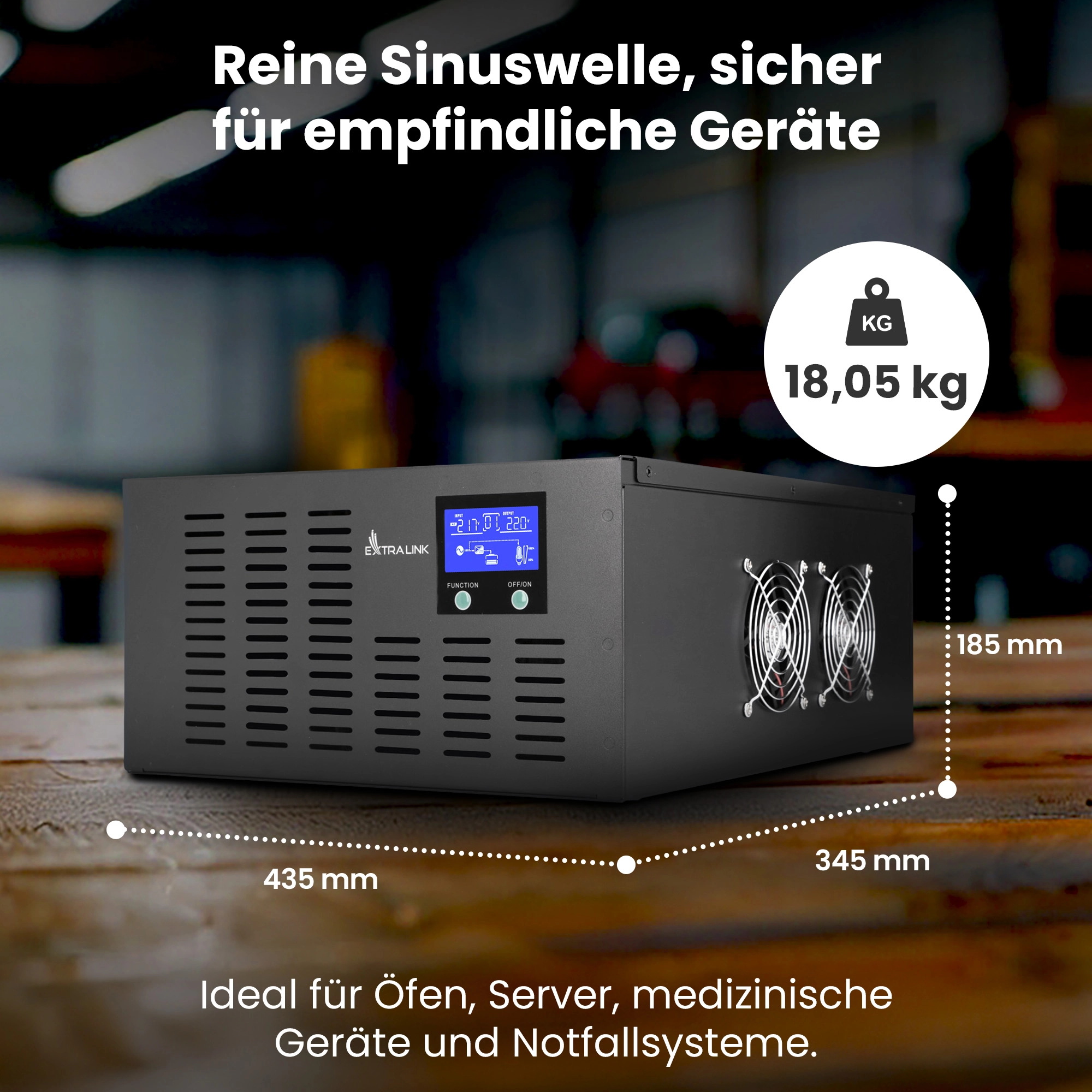 Schwarzes Extralink Lightning-Netzteil auf Holzplatte mit sichtbaren Abmessungen und Gewicht