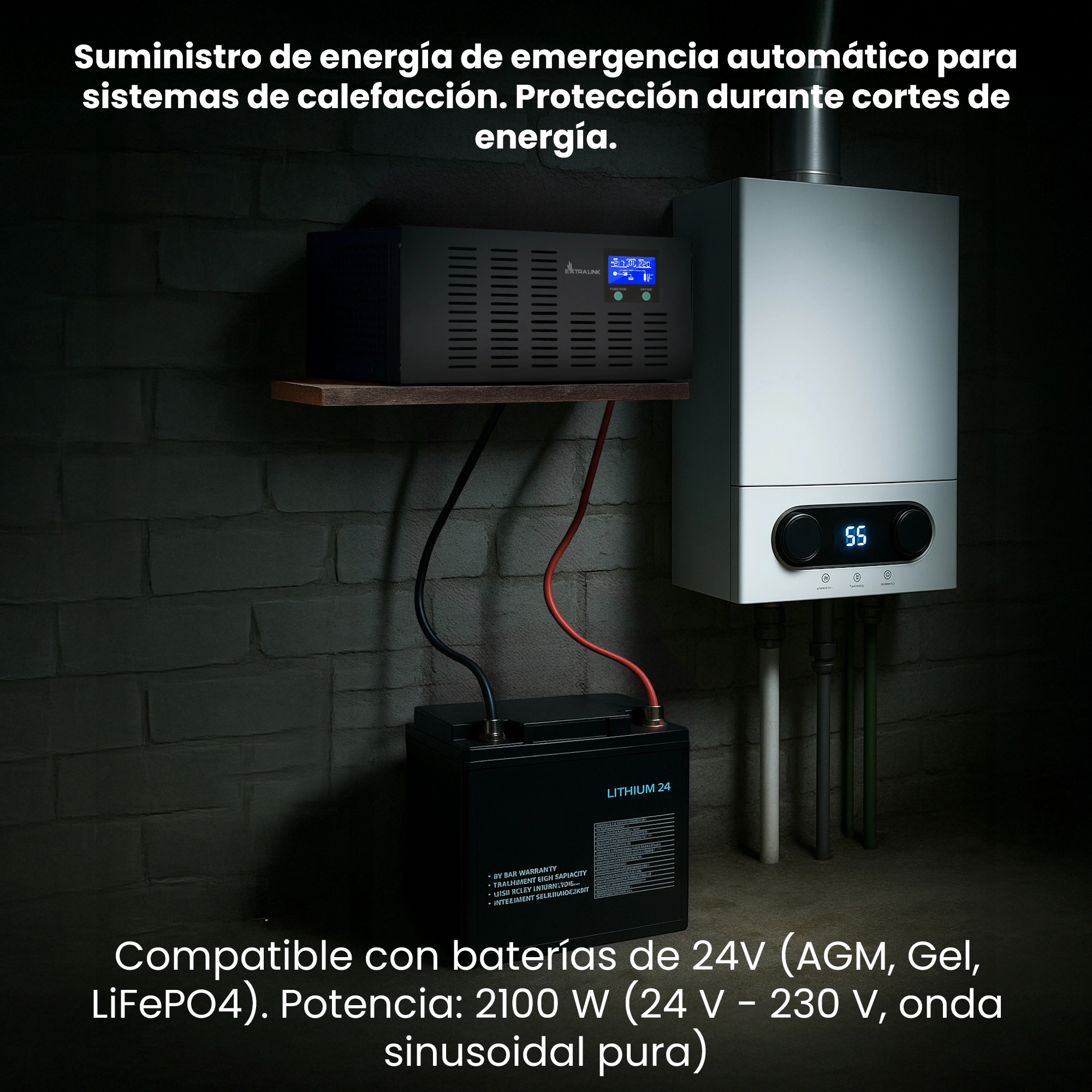 SAI Extralink Piorun 3000VA y batería LITHIUM 24 conectados a cocina de gas en sótano oscuro