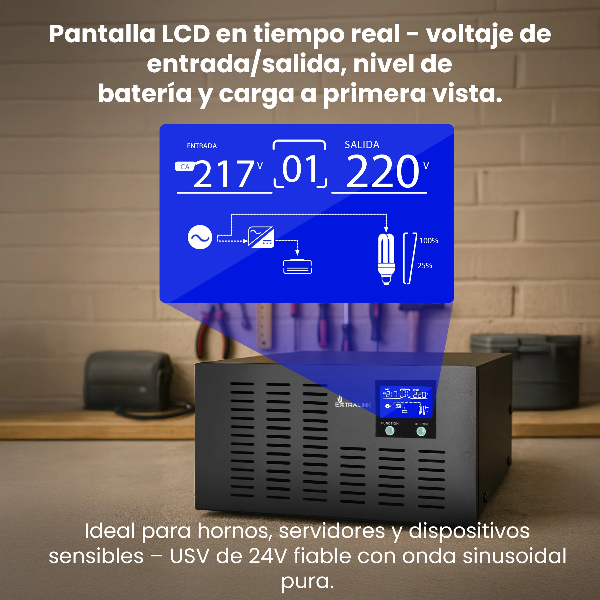 Fuente de alimentación Extralink Bolt en el banco de trabajo, con pantalla ampliada que muestra las tensiones de ENTRADA y SALIDA.