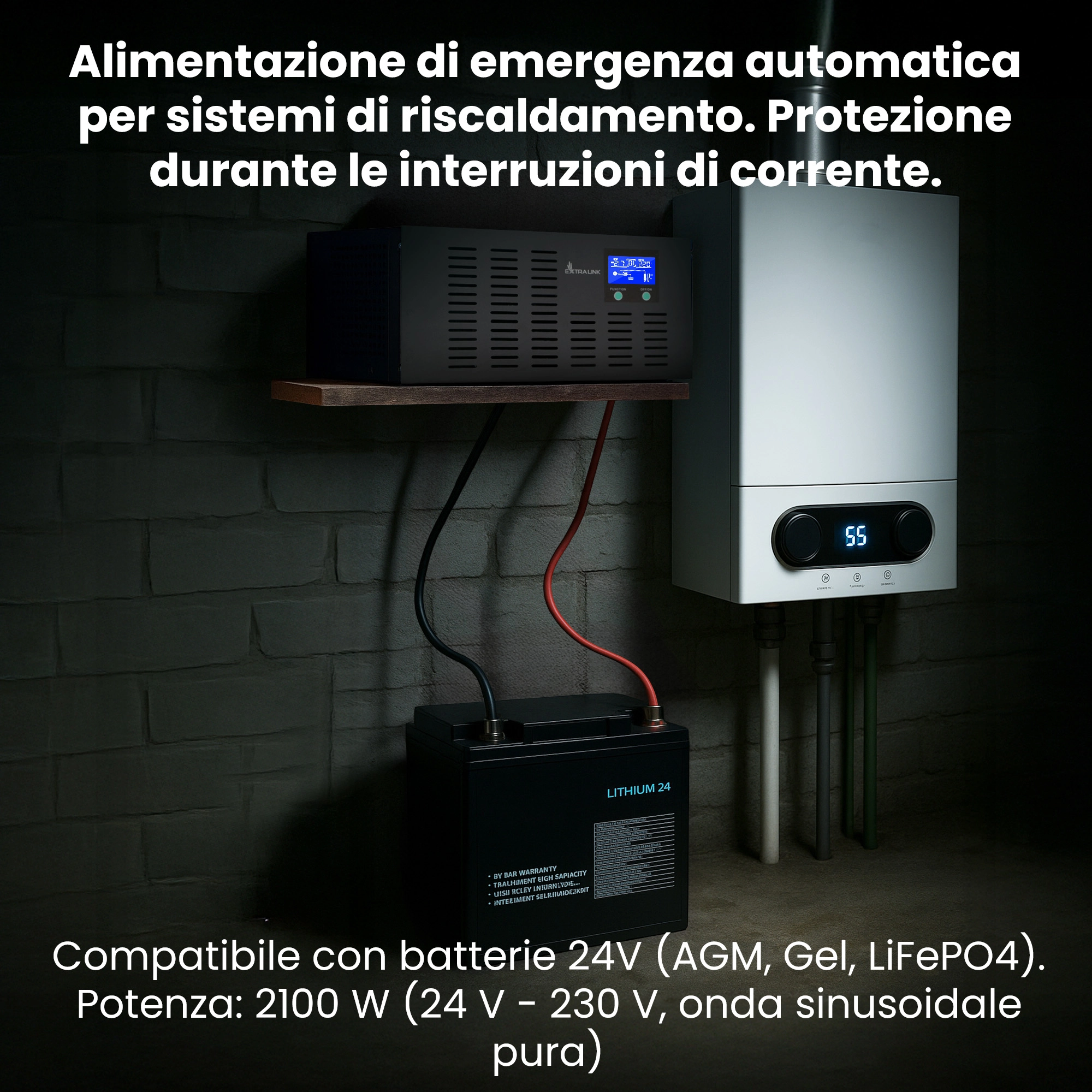 UPS Extralink Piorun 3000VA e batteria LITHIUM 24 collegati al fornello a gas nel seminterrato buio
