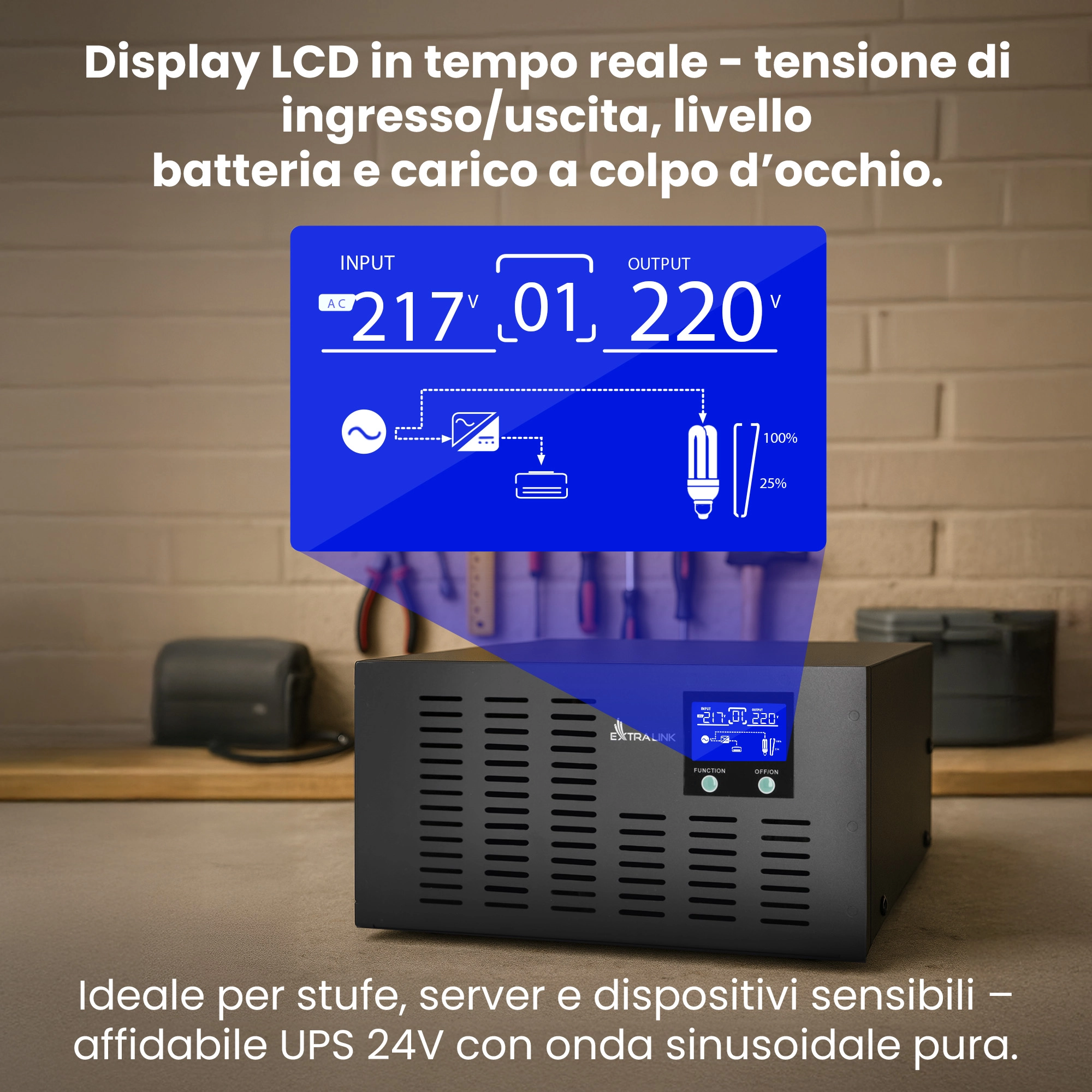 Alimentatore Extralink Bolt su banco di lavoro, con display ingrandito che mostra le tensioni di INGRESSO e di USCITA