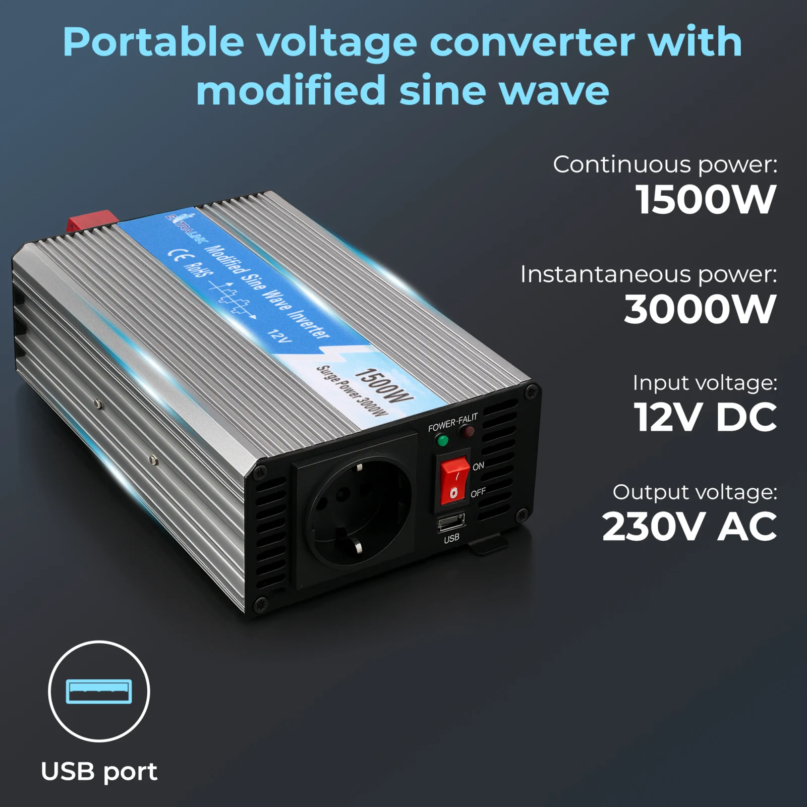 EXTRALINK VOLTAGE CONVERTER 12V - 230V, 1500W, MODIFIED SINE OPIM-1500W
