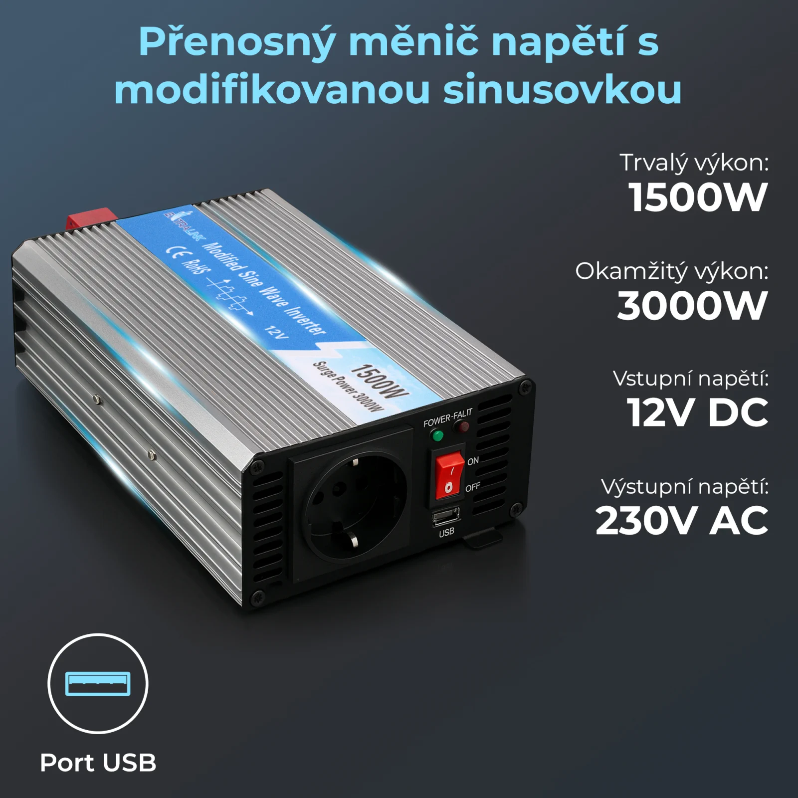 EXTRALINK MĚNIČ NAPĚT&Iacute; 12V - 230V, 1500W, MODIFIKOVAN&Yacute; SINUSOV&Yacute; OPIM-1500W
