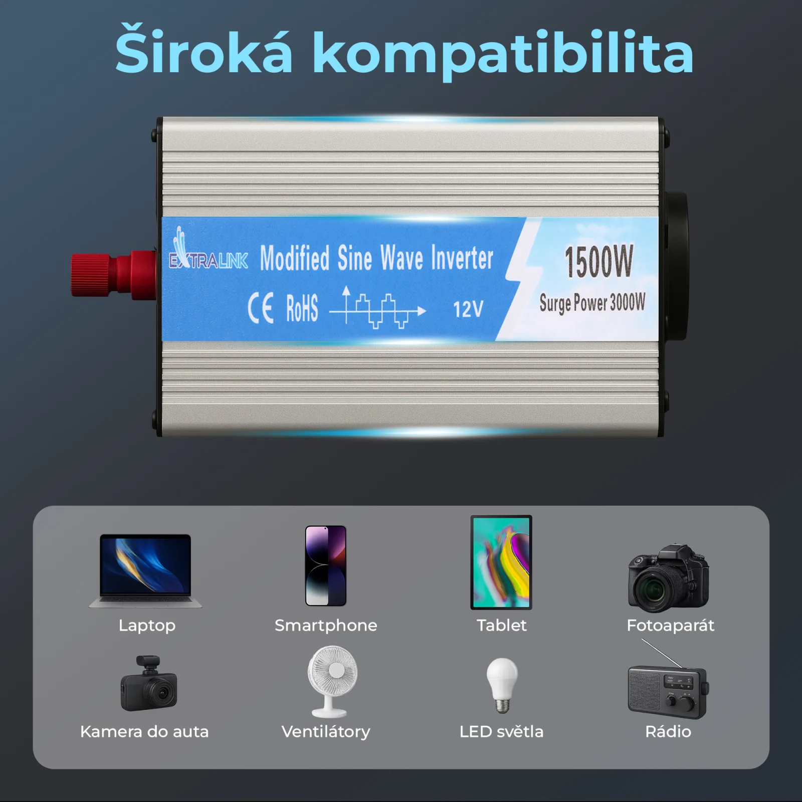 Extralink OPIM-1500W | Měnič napět&iacute; | automobilov&yacute; 12V, 1500W modifikovan&aacute; sinusovka
