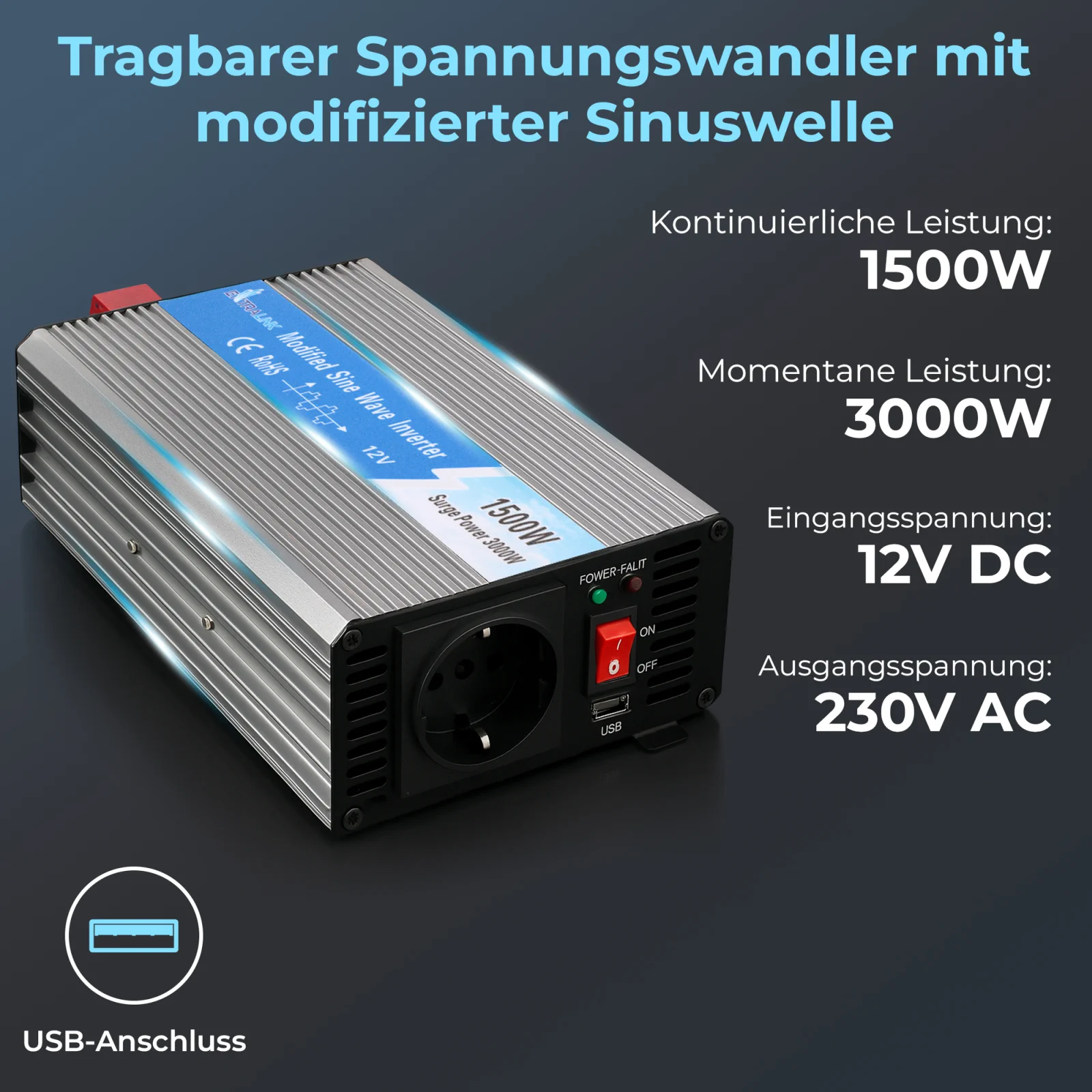 EXTRALINK SPANNUNGSWANDLER 12V - 230V, 1500W, MODIFIZIERTER SINUS OPIM-1500W