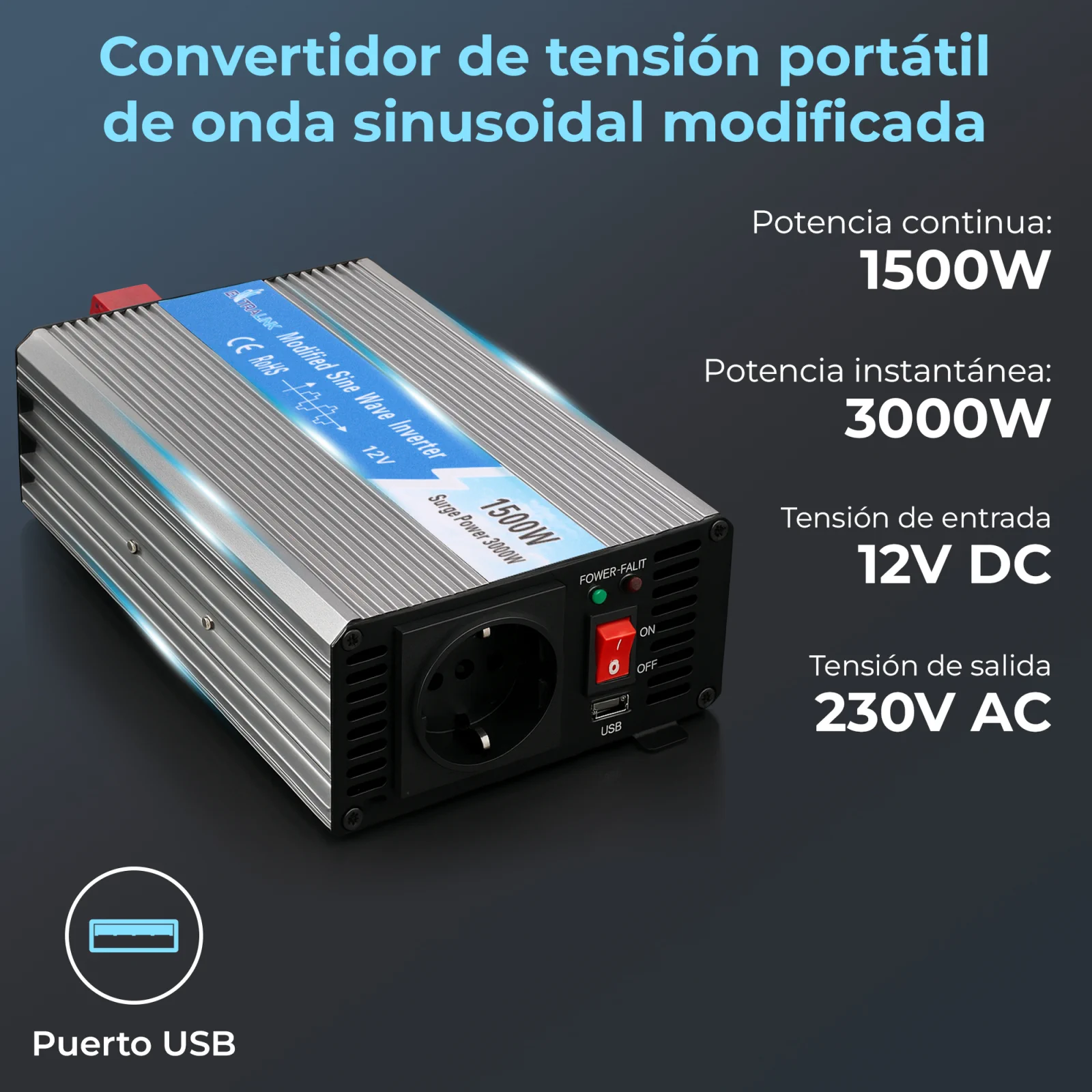 CONVERTIDOR DE TENSIÓN EXTRALINK 12V - 230V, 1500W, SINUSOIDAL MODIFICADO OPIM-1500W